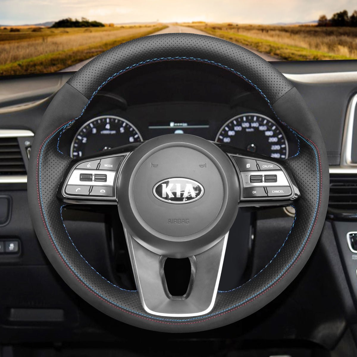 MEWANT Hand Stitch Black Leather Suede Car Steering Wheel Cover for Kia K5 Optima 2019 Cee'd Ceed 2019 Forte 2019 Cerato (AU) 2018 - 2019 - Alcantara, Leather, Carbon Fiber, Easy Install, Non - Slip, Best Steering Wheel Cover