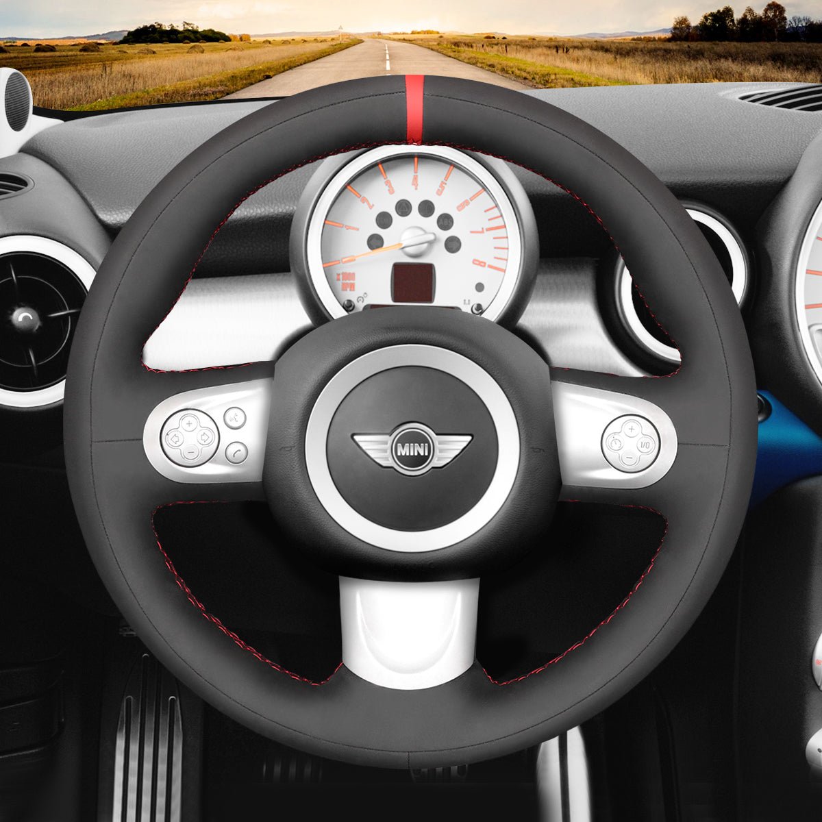 MEWANT Hand Stitch Black Leather Suede Car Steering Wheel Cover for Mini Coupe Clubman Clubvan Roadster - Mewant Cover