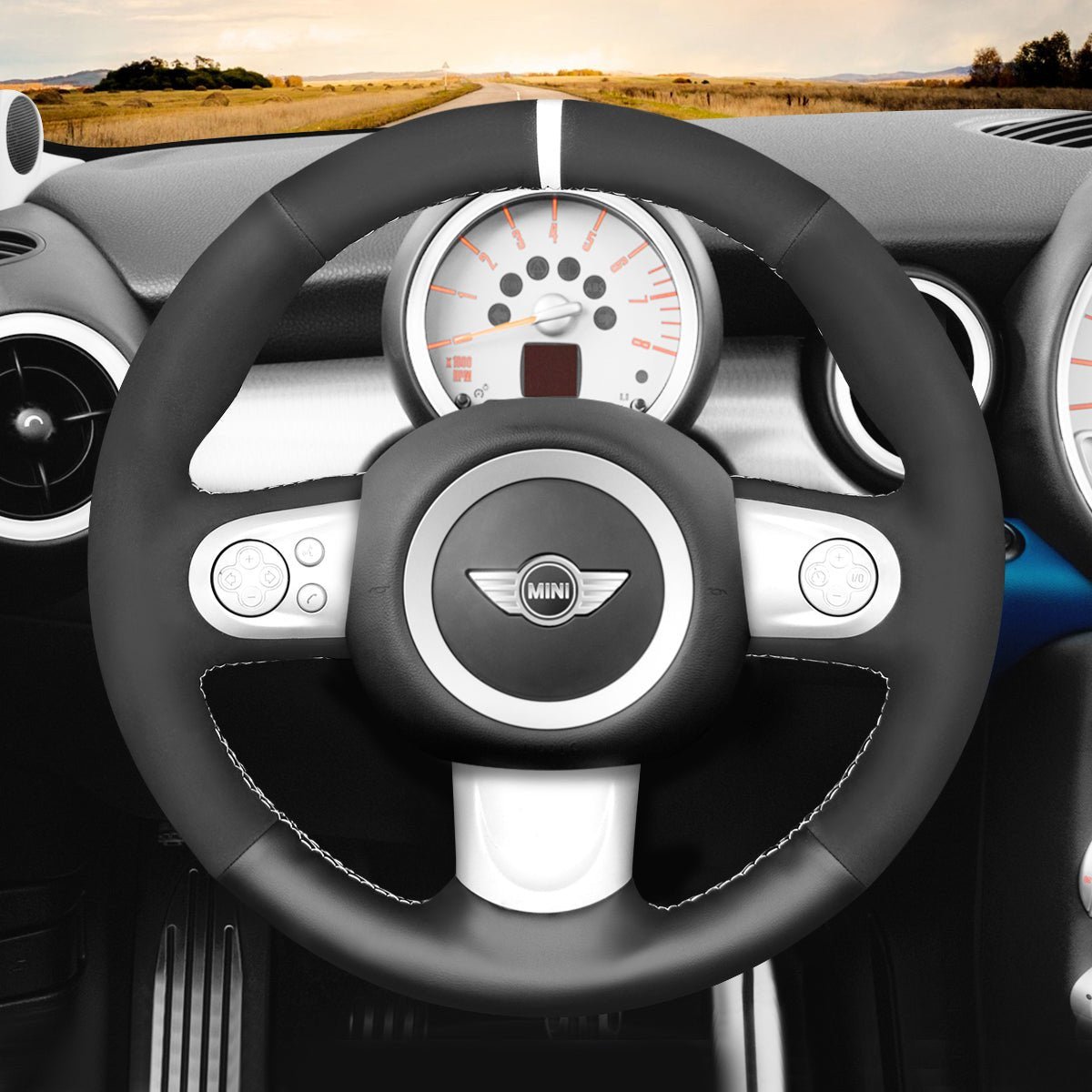 MEWANT Hand Stitch Black Leather Suede Car Steering Wheel Cover for Mini Coupe Clubman Clubvan Roadster - Alcantara, Leather, Carbon Fiber, Easy Install, Non - Slip, Best Steering Wheel Cover