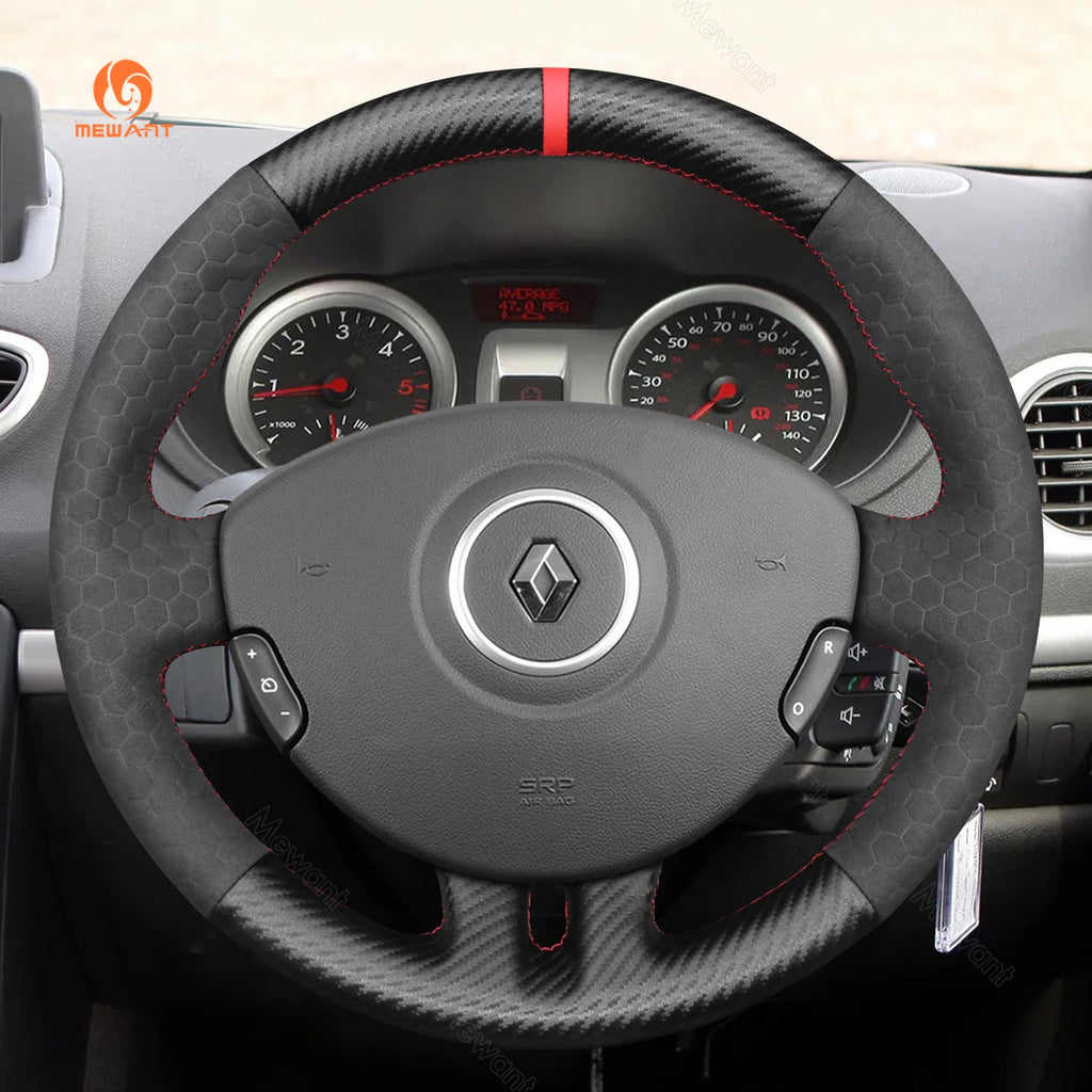 MEWANT Hand Stitch Black Leather Suede Car Steering Wheel Cover for Renault Clio 3 2005 - 2012 - Alcantara, Leather, Carbon Fiber, Easy Install, Non - Slip, Best Steering Wheel Cover