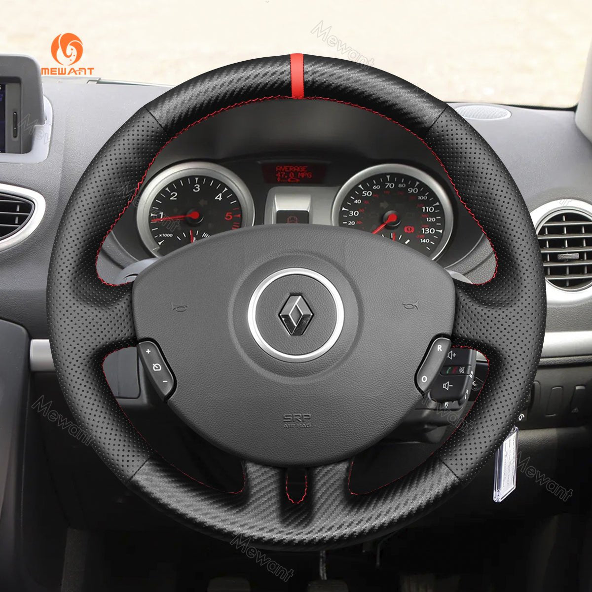 MEWANT Hand Stitch Black Leather Suede Car Steering Wheel Cover for Renault Clio 3 2005 - 2012 - Alcantara, Leather, Carbon Fiber, Easy Install, Non - Slip, Best Steering Wheel Cover