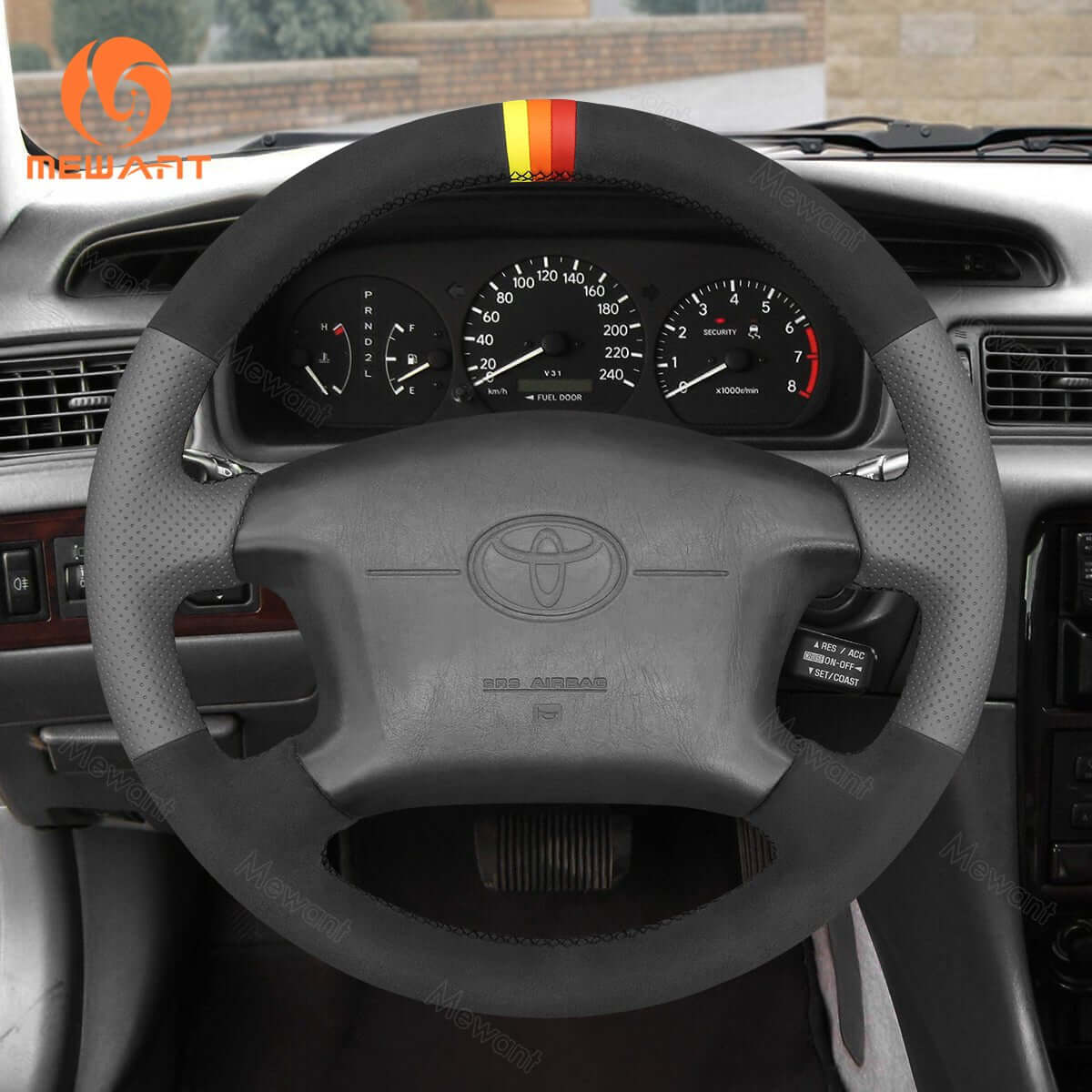 MEWANT Hand Stitch Black Leather Suede Car Steering Wheel Cover for Toyota 4Runner Camry Corolla Sienna Tundra - Alcantara, Leather, Carbon Fiber, Easy Install, Non - Slip, Best Steering Wheel Cover