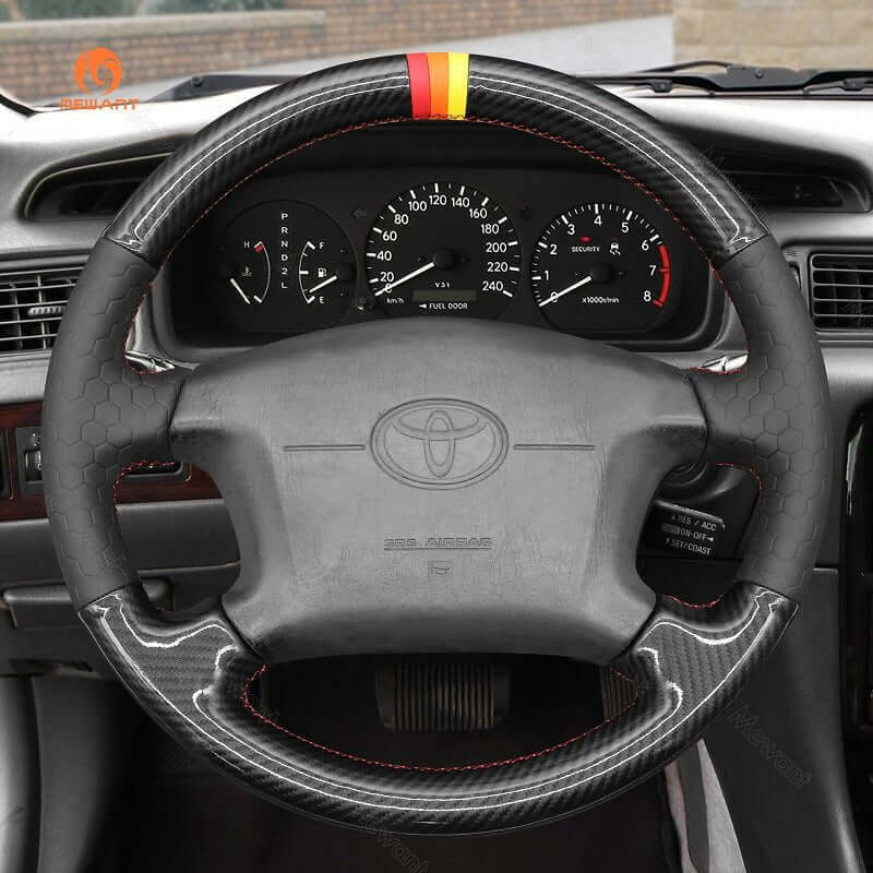 MEWANT Hand Stitch Black Leather Suede Car Steering Wheel Cover for Toyota 4Runner Camry Corolla Sienna Tundra - Alcantara, Leather, Carbon Fiber, Easy Install, Non - Slip, Best Steering Wheel Cover