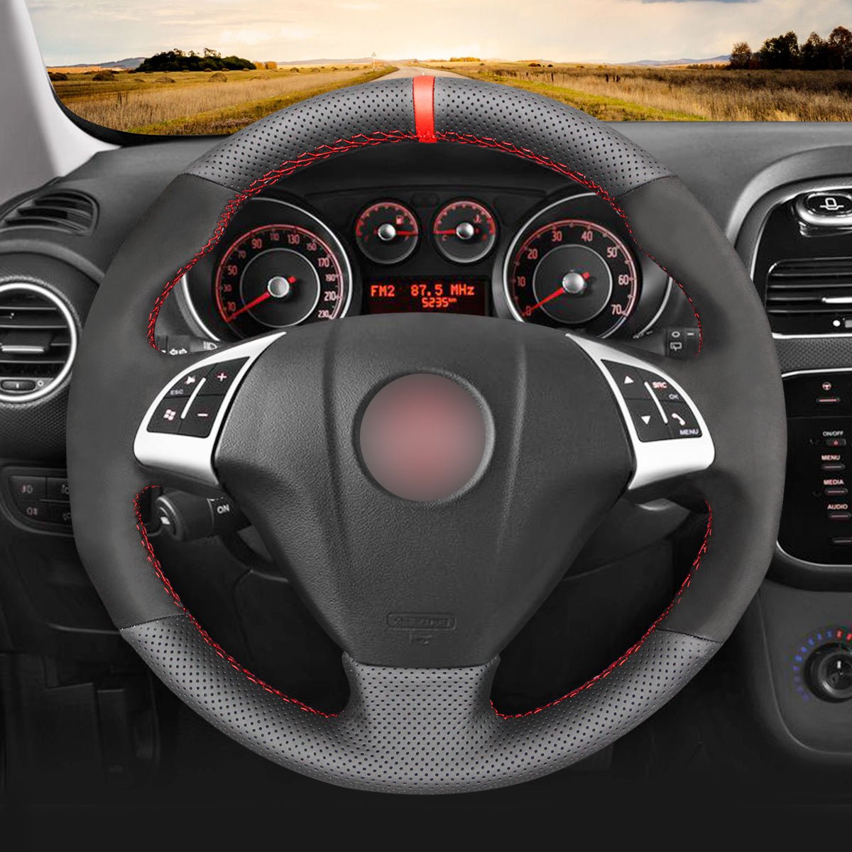 MEWANT Hand Stitch Black Leather Suede Carbon Fiber Car Steering Wheel Cover for Fiat Punto Bravo Linea Qubo Doblo Grande Punto for Opel Combo (D) - Alcantara, Leather, Carbon Fiber, Easy Install, Non - Slip, Best Steering Wheel Cover