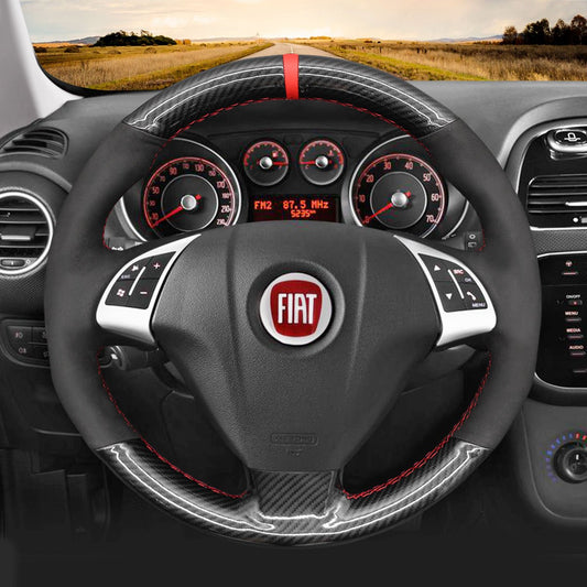 MEWANT Hand Stitch Black Leather Suede Carbon Fiber Car Steering Wheel Cover for Fiat Punto Bravo Linea Qubo Doblo Grande Punto for Opel Combo (D) - Mewant Cover