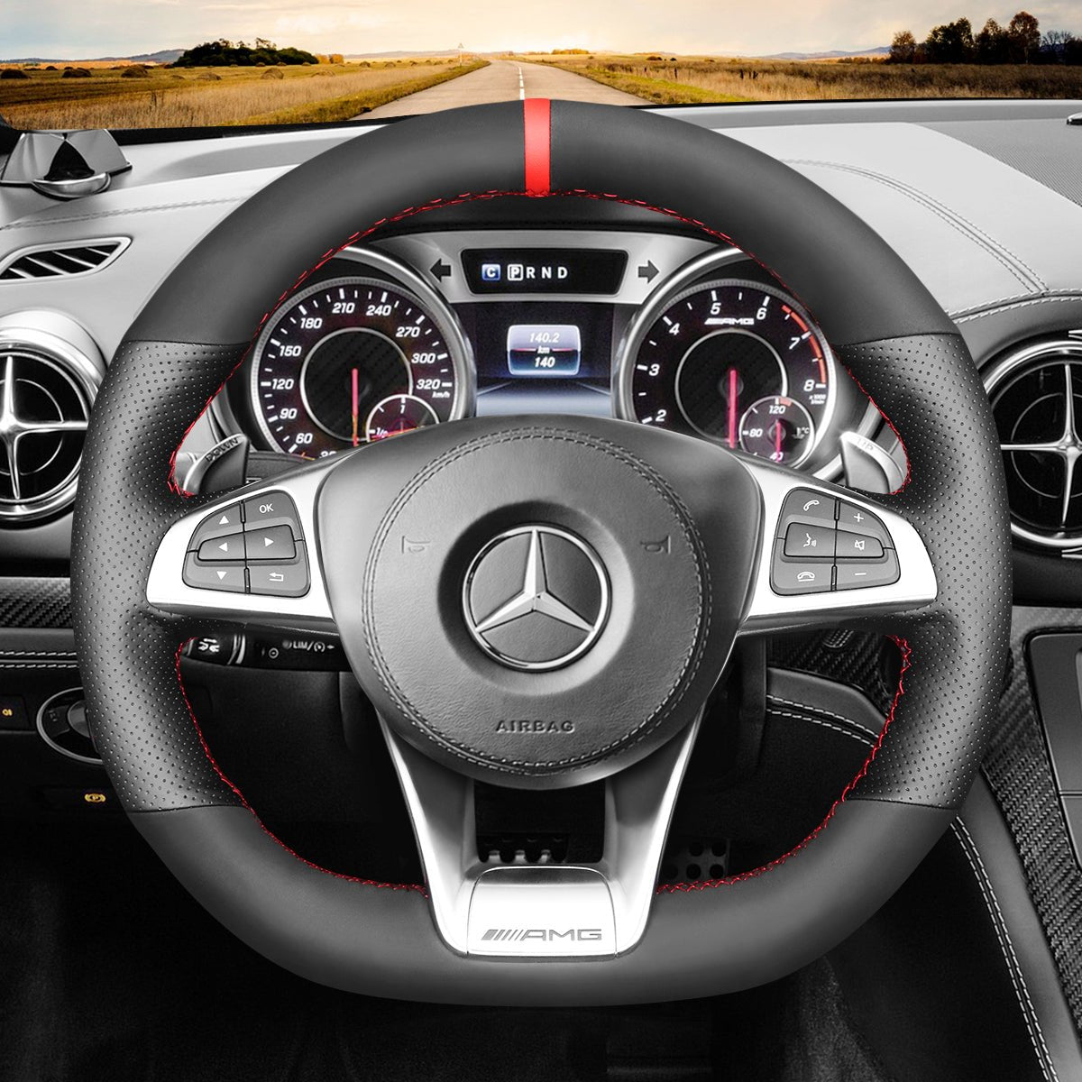 MEWANT Hand Stitch Black Leather Suede Carbon Fiber Car Steering Wheel Cover for Mercedes Benz AMG GT C190 R190 W205 C117 C218 W213 X253 W166 W222 - Alcantara, Leather, Carbon Fiber, Easy Install, Non - Slip, Best Steering Wheel Cover
