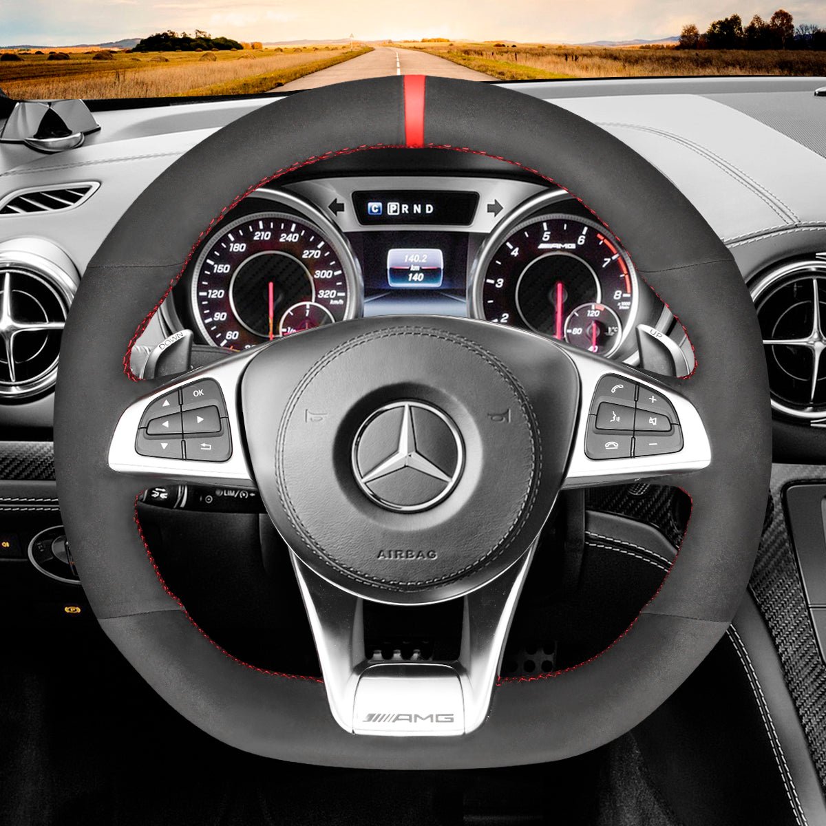 MEWANT Hand Stitch Black Leather Suede Carbon Fiber Car Steering Wheel Cover for Mercedes Benz AMG GT C190 R190 W205 C117 C218 W213 X253 W166 W222 - Alcantara, Leather, Carbon Fiber, Easy Install, Non - Slip, Best Steering Wheel Cover