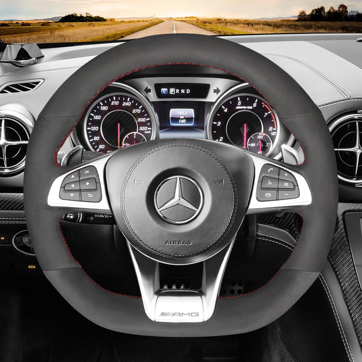 MEWANT Hand Stitch Black Leather Suede Carbon Fiber Car Steering Wheel Cover for Mercedes Benz AMG GT C190 R190 W205 C117 C218 W213 X253 W166 W222 - Alcantara, Leather, Carbon Fiber, Easy Install, Non - Slip, Best Steering Wheel Cover