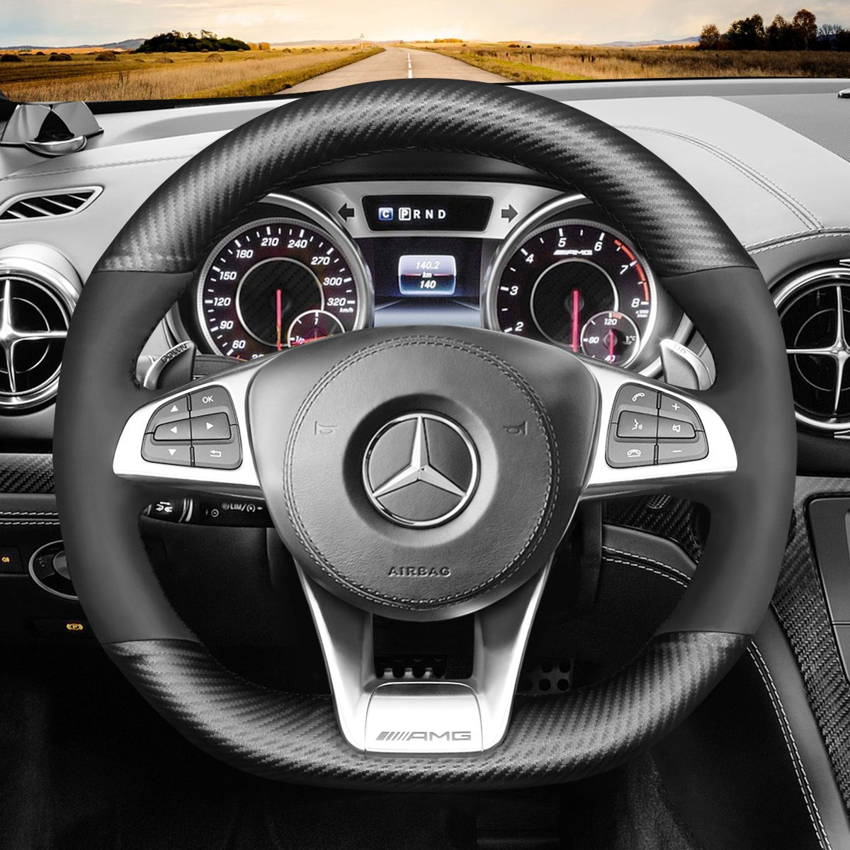 MEWANT Hand Stitch Black Leather Suede Carbon Fiber Car Steering Wheel Cover for Mercedes Benz AMG GT C190 R190 W205 C117 C218 W213 X253 W166 W222 - Alcantara, Leather, Carbon Fiber, Easy Install, Non - Slip, Best Steering Wheel Cover