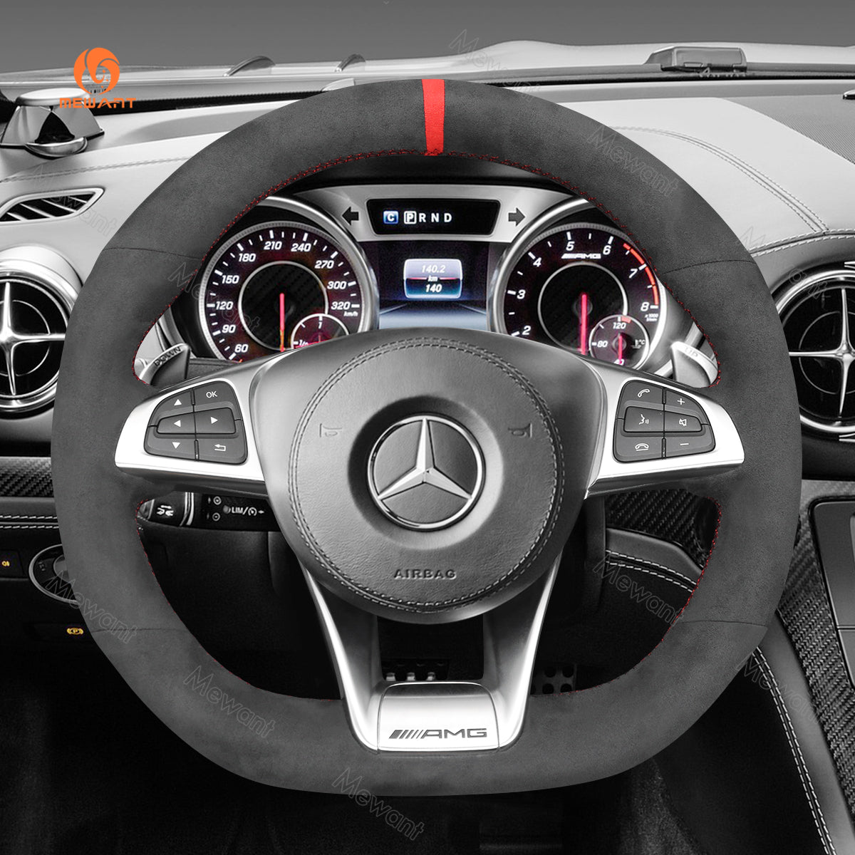 MEWANT Hand Stitch Black Leather Suede Carbon Fiber Car Steering Wheel Cover for Mercedes Benz AMG GT C190 R190 W205 C117 C218 W213 X253 W166 W222 - Alcantara, Leather, Carbon Fiber, Easy Install, Non - Slip, Best Steering Wheel Cover