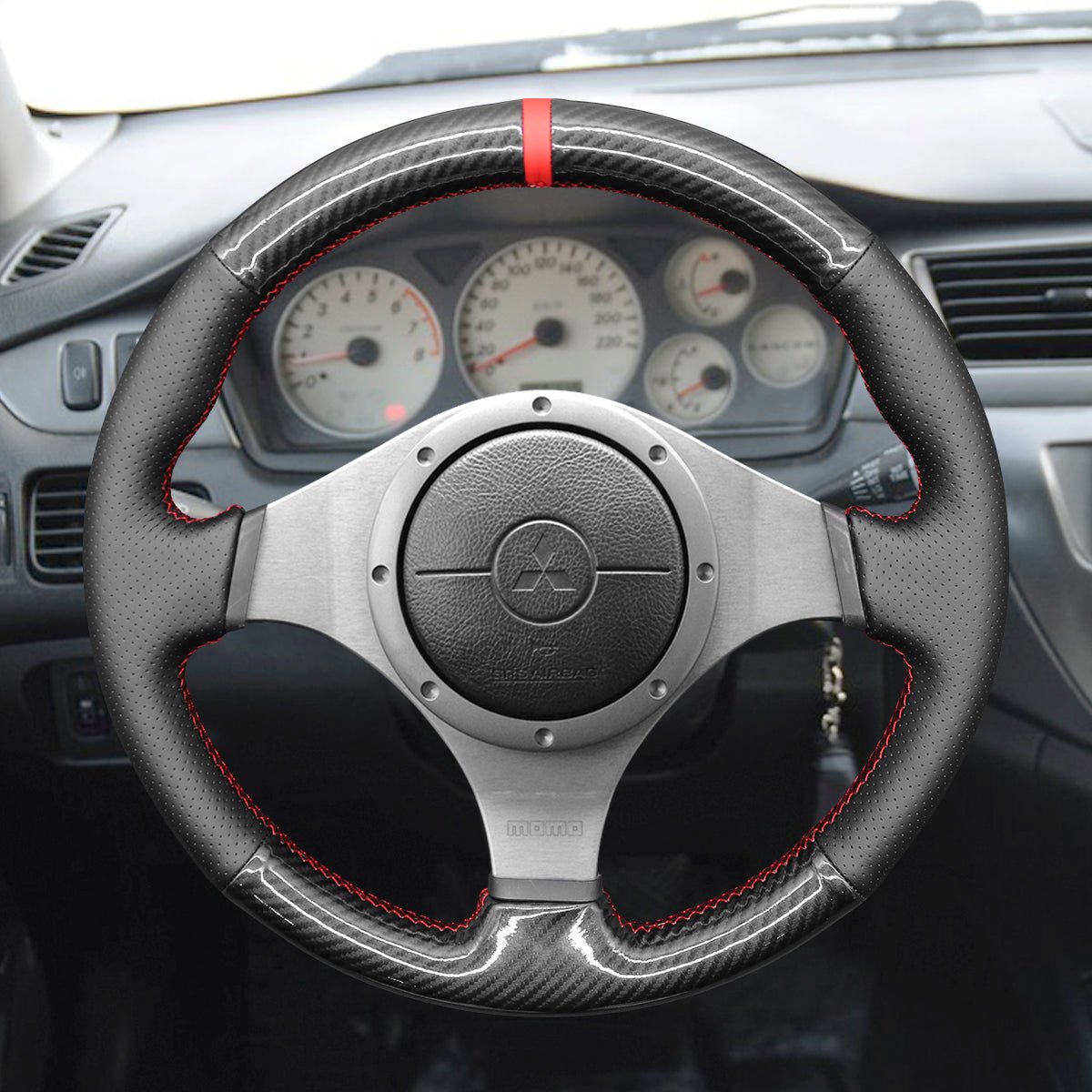 MEWANT Hand Stitch Black Leather Suede Carbon Fiber Car Steering Wheel Cover for Mitsubishi Lancer Evolution EVO IX 9 / VIII 8 / VII 7 - Mewant Cover