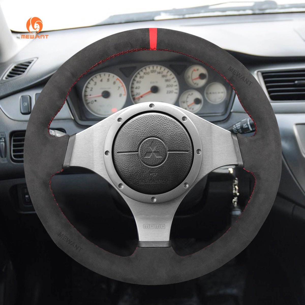 MEWANT Hand Stitch Black Leather Suede Carbon Fiber Car Steering Wheel Cover for Mitsubishi Lancer Evolution EVO IX 9 / VIII 8 / VII 7 - Alcantara, Leather, Carbon Fiber, Easy Install, Non - Slip, Best Steering Wheel Cover