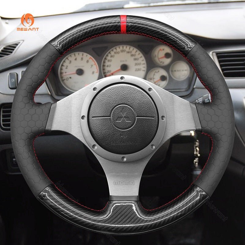 MEWANT Hand Stitch Black Leather Suede Carbon Fiber Car Steering Wheel Cover for Mitsubishi Lancer Evolution EVO IX 9 / VIII 8 / VII 7 - Alcantara, Leather, Carbon Fiber, Easy Install, Non - Slip, Best Steering Wheel Cover
