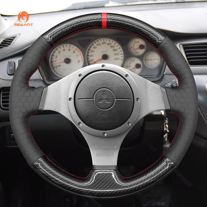 MEWANT Hand Stitch Black Leather Suede Carbon Fiber Car Steering Wheel Cover for Mitsubishi Lancer Evolution EVO IX 9 / VIII 8 / VII 7 - Alcantara, Leather, Carbon Fiber, Easy Install, Non - Slip, Best Steering Wheel Cover