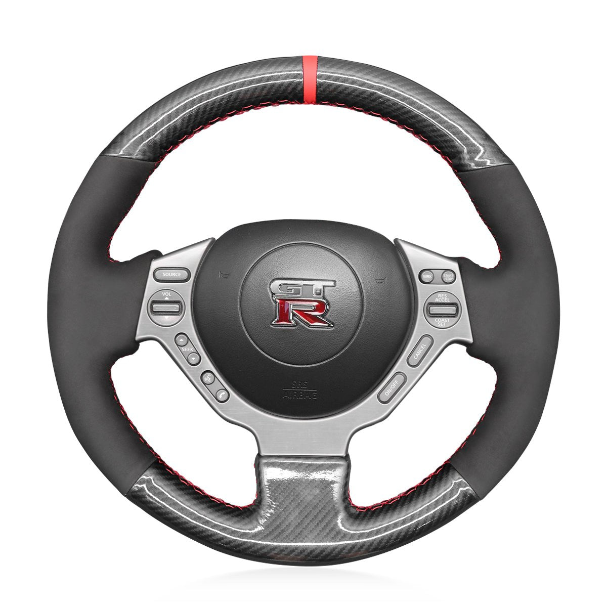 MEWANT Hand Stitch Black Leather Suede Carbon Fiber Car Steering Wheel Cover for Nissan GTR GT - R (Nismo) 2008 - 2016 - Alcantara, Leather, Carbon Fiber, Easy Install, Non - Slip, Best Steering Wheel Cover