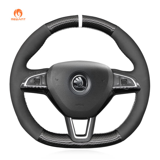 MEWANT Hand Stitch Black Leather Suede Carbon Fiber Car Steering Wheel Cover for Skoda Octavia Fabia Kodiaq Citigo Superb Scala - Mewant Cover