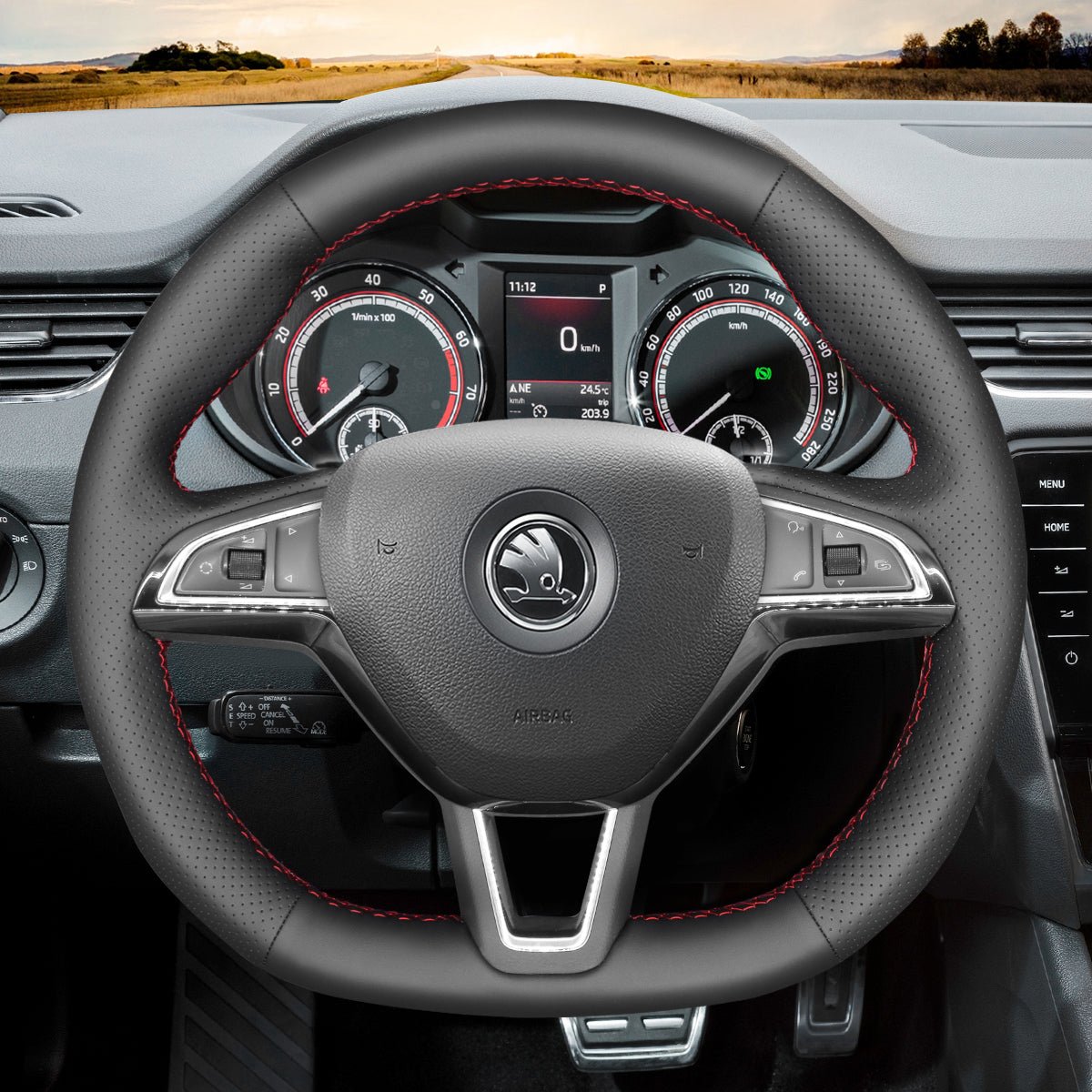 MEWANT Hand Stitch Black Leather Suede Carbon Fiber Car Steering Wheel Cover for Skoda Octavia Fabia Kodiaq Citigo Superb Scala - Alcantara, Leather, Carbon Fiber, Easy Install, Non - Slip, Best Steering Wheel Cover