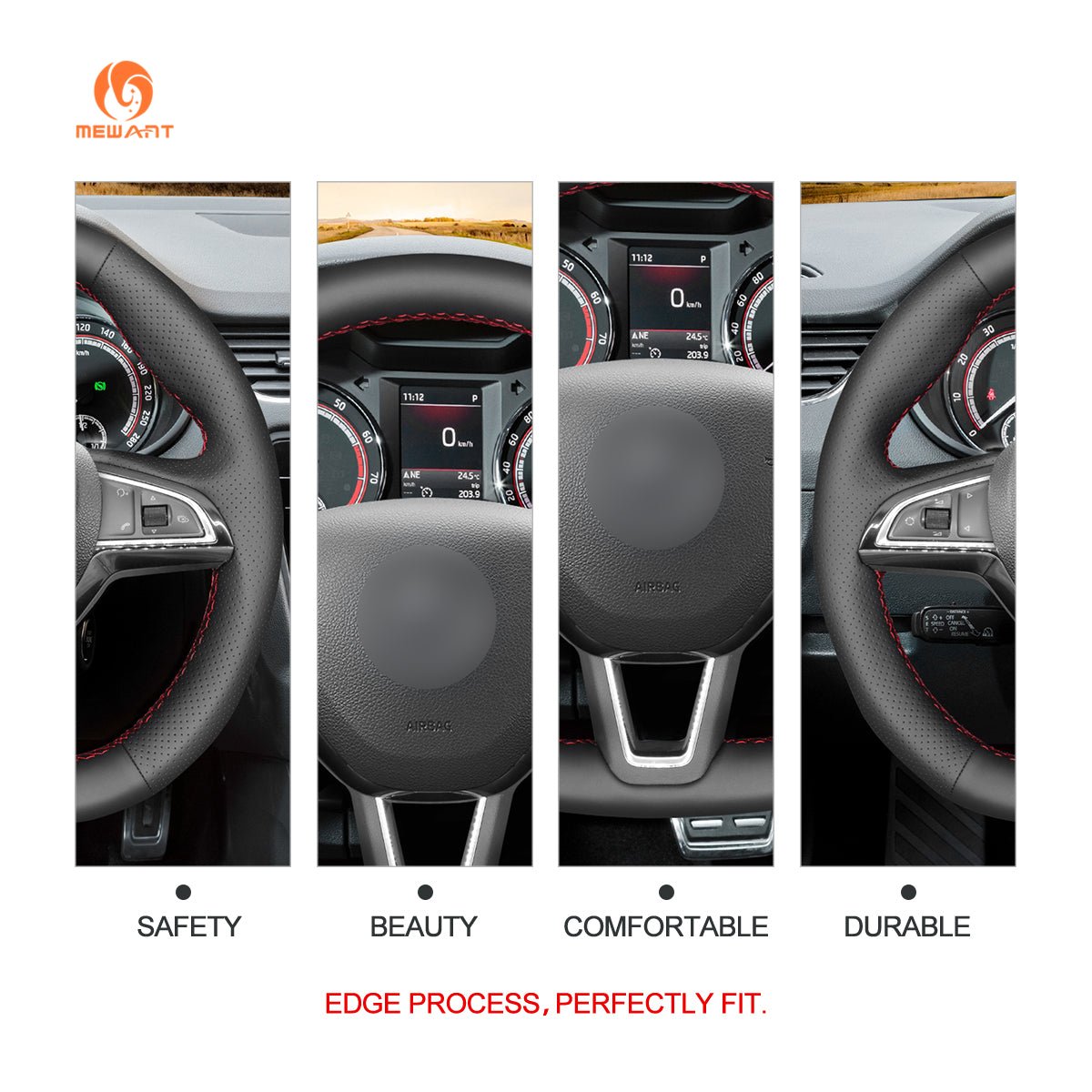 MEWANT Hand Stitch Black Leather Suede Carbon Fiber Car Steering Wheel Cover for Skoda Octavia Fabia Kodiaq Citigo Superb Scala - Alcantara, Leather, Carbon Fiber, Easy Install, Non - Slip, Best Steering Wheel Cover