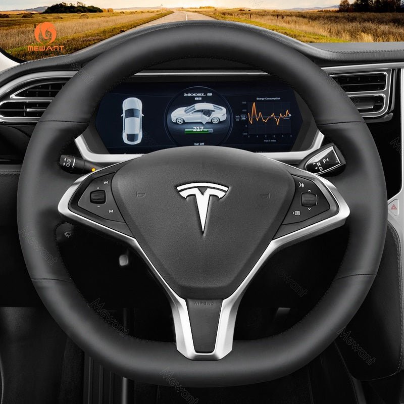 MEWANT Hand Stitch Black Matte Carbon Fiber Suede or Leather Car Steering Wheel Cover for Tesla Model S 2012 - 2021 / Model X 2016 - 2020 - Alcantara, Leather, Carbon Fiber, Easy Install, Non - Slip, Best Steering Wheel Cover