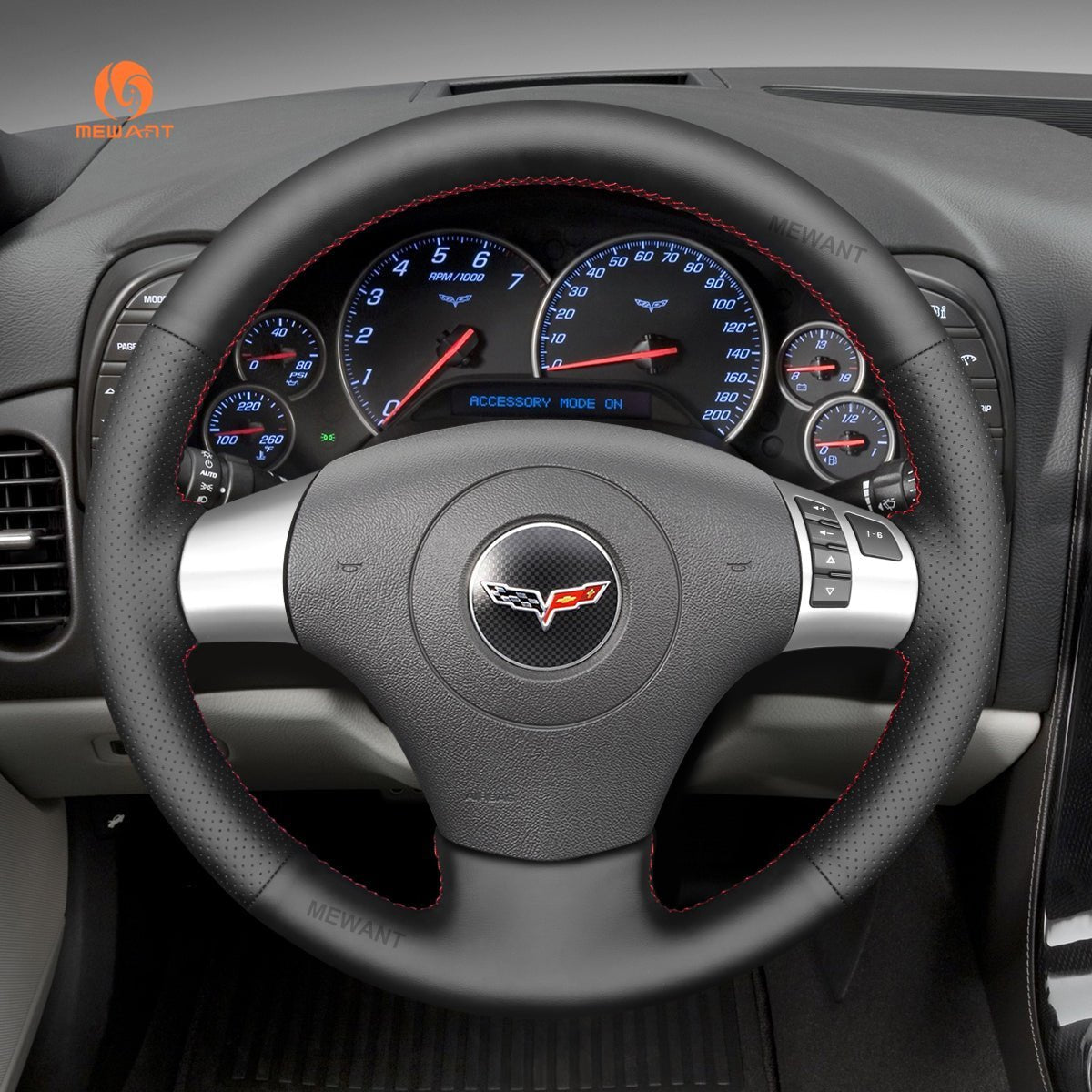 MEWANT Hand Stitch Black Real Genuine Leather Car Steering Wheel Cover for Chevrolet Corvette 2006 - 2011 - Alcantara, Leather, Carbon Fiber, Easy Install, Non - Slip, Best Steering Wheel Cover