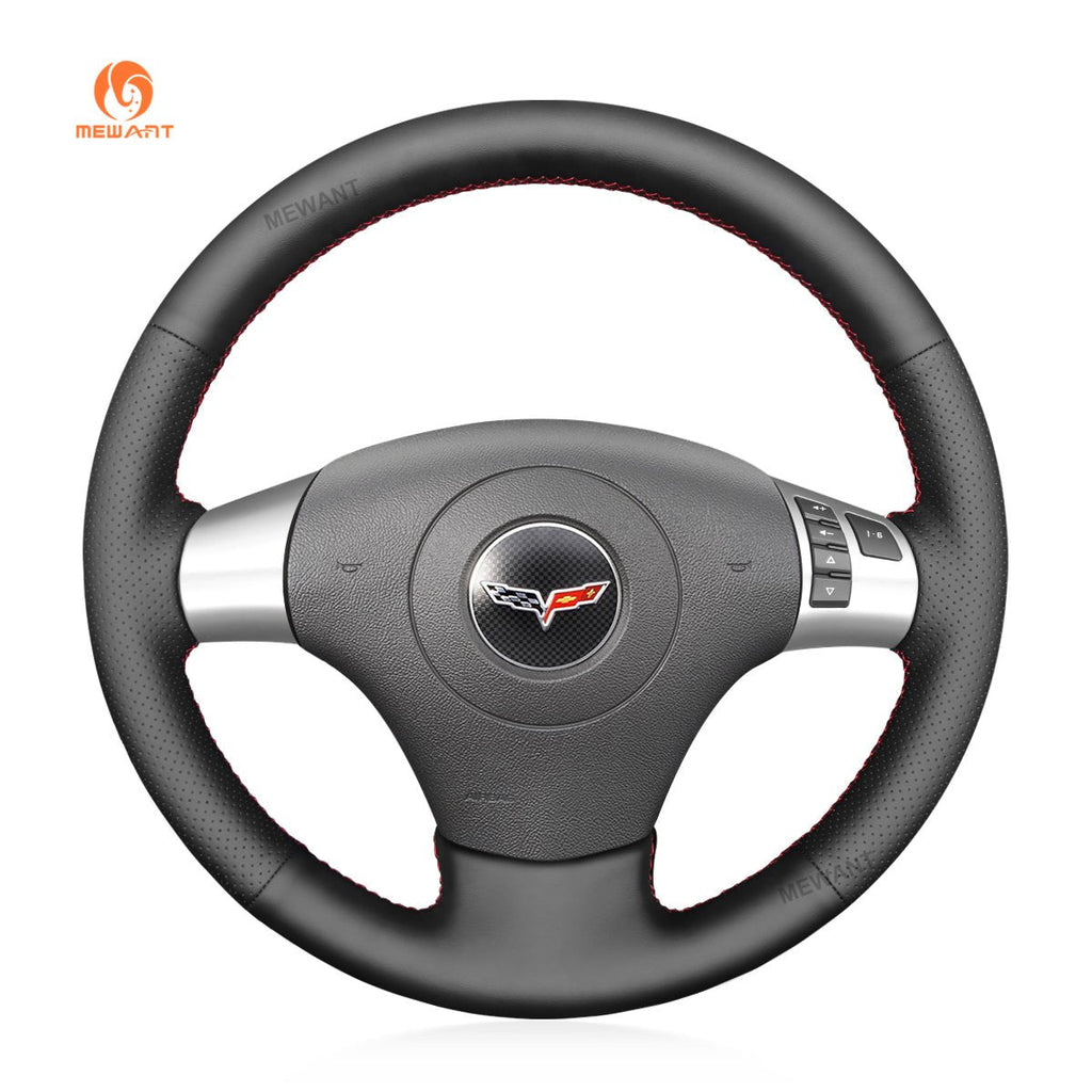 MEWANT Hand Stitch Black Real Genuine Leather Car Steering Wheel Cover for Chevrolet Corvette 2006 - 2011 - Alcantara, Leather, Carbon Fiber, Easy Install, Non - Slip, Best Steering Wheel Cover