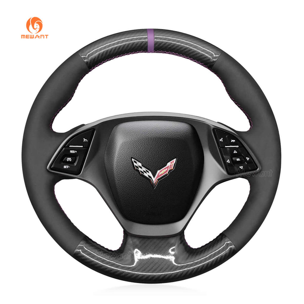 MEWANT Hand Stitch Black Suede Car Steering for Chevrolet Corvette (C7) 2014 - 2015 - Alcantara, Leather, Carbon Fiber, Easy Install, Non - Slip, Best Steering Wheel Cover