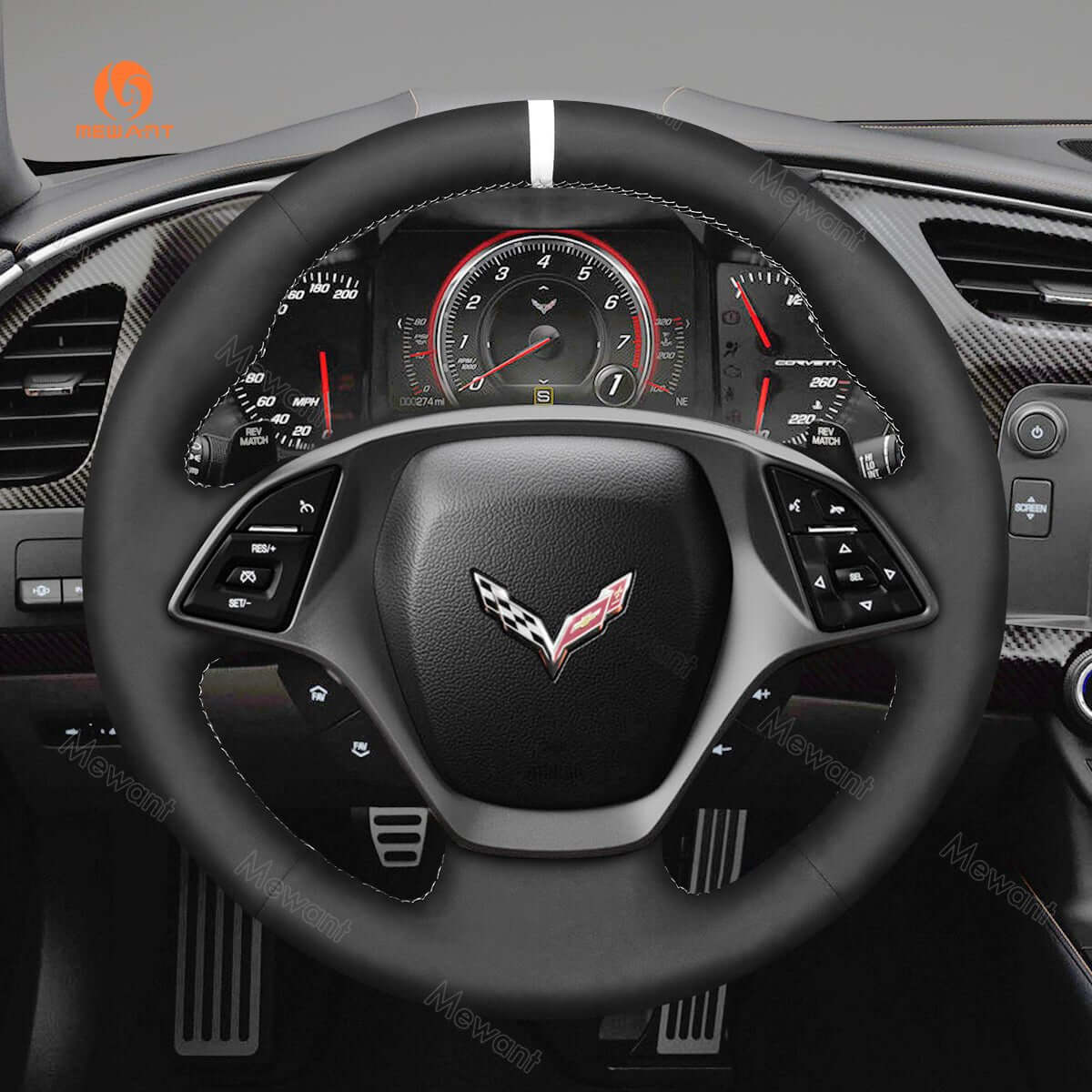 MEWANT Hand Stitch Black Suede Car Steering for Chevrolet Corvette (C7) 2014 - 2015 - Alcantara, Leather, Carbon Fiber, Easy Install, Non - Slip, Best Steering Wheel Cover