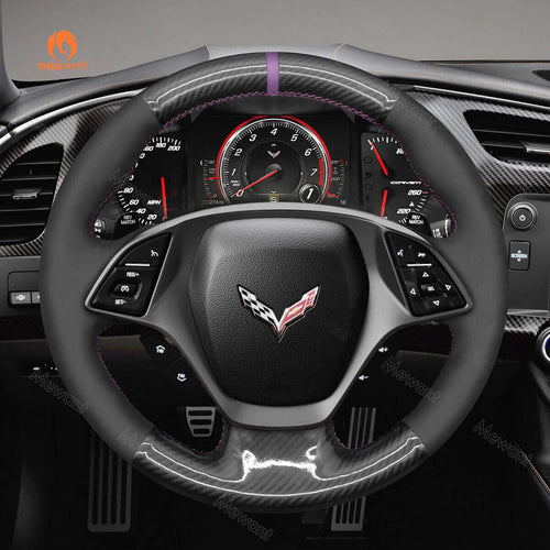 MEWANT Hand Stitch Black Suede Car Steering for Chevrolet Corvette (C7) 2014 - 2015 - Alcantara, Leather, Carbon Fiber, Easy Install, Non - Slip, Best Steering Wheel Cover