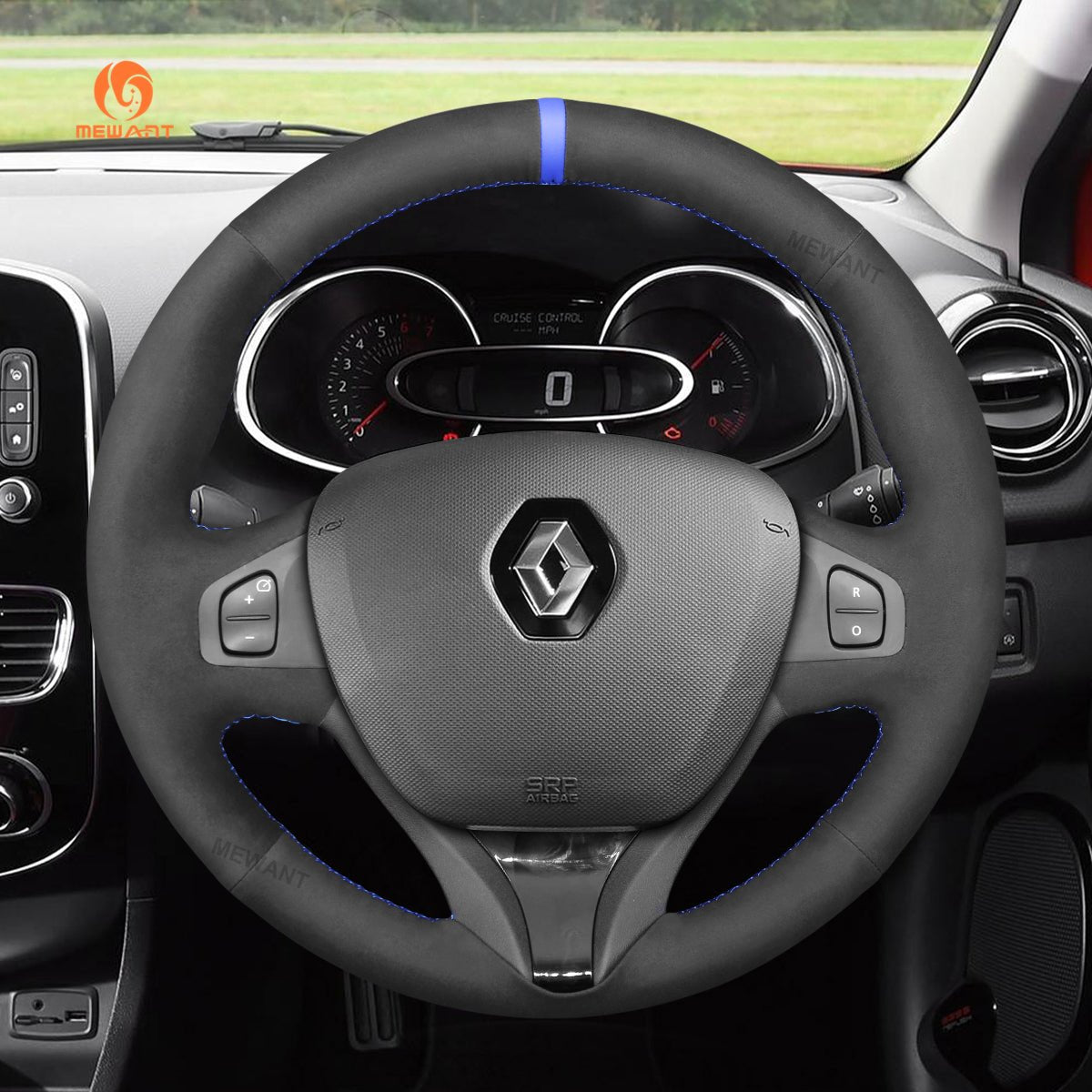 MEWANT Hand Stitch Black Suede Car Steering Wheel Cover for Renault Clio 4 IV 2012 - 2016 / Captur 2013 - 2016 - Alcantara, Leather, Carbon Fiber, Easy Install, Non - Slip, Best Steering Wheel Cover