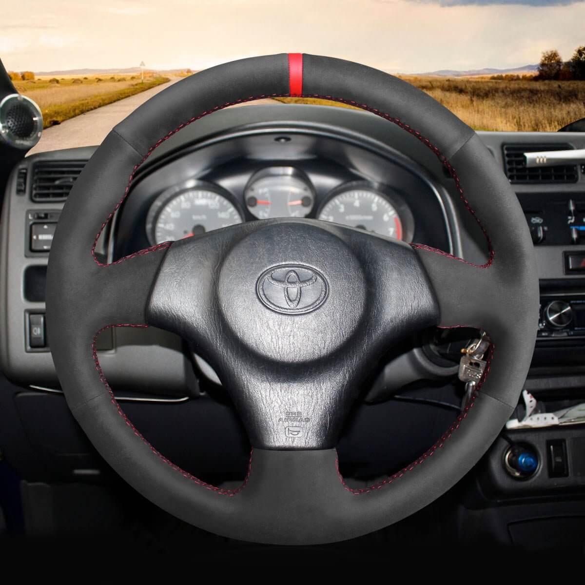 MEWANT Hand Stitch Black Suede Car Steering Wheel Cover for Toyota RAV4 Celica Matrix MR2 Supra Voltz Caldina MR - S Corolla Lexus IS 200 300 1996 - 2007 - Alcantara, Leather, Carbon Fiber, Easy Install, Non - Slip, Best Steering Wheel Cover