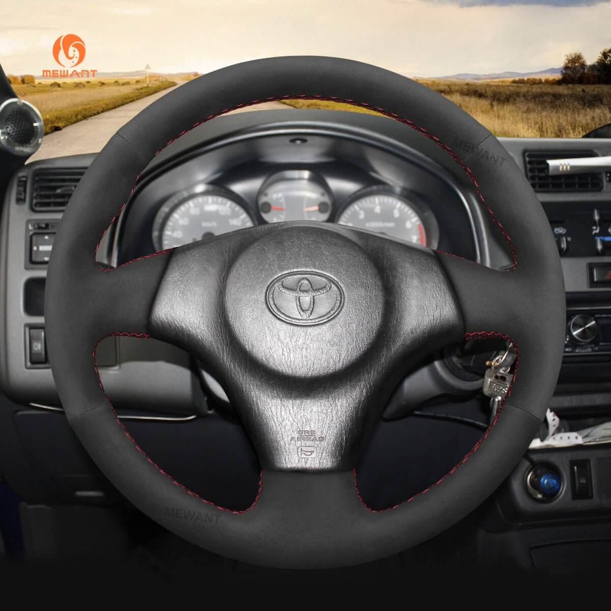 MEWANT Hand Stitch Black Suede Car Steering Wheel Cover for Toyota RAV4 Celica Matrix MR2 Supra Voltz Caldina MR - S Corolla Lexus IS 200 300 1996 - 2007 - Alcantara, Leather, Carbon Fiber, Easy Install, Non - Slip, Best Steering Wheel Cover