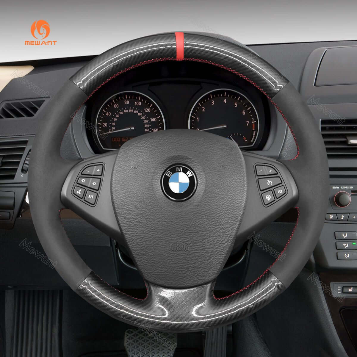 MEWANT Hand Stitch Black Suede Carbon Fiber Car Steering Wheel Cover for BMW X3 E83 2005 - 2010 - Alcantara, Leather, Carbon Fiber, Easy Install, Non - Slip, Best Steering Wheel Cover