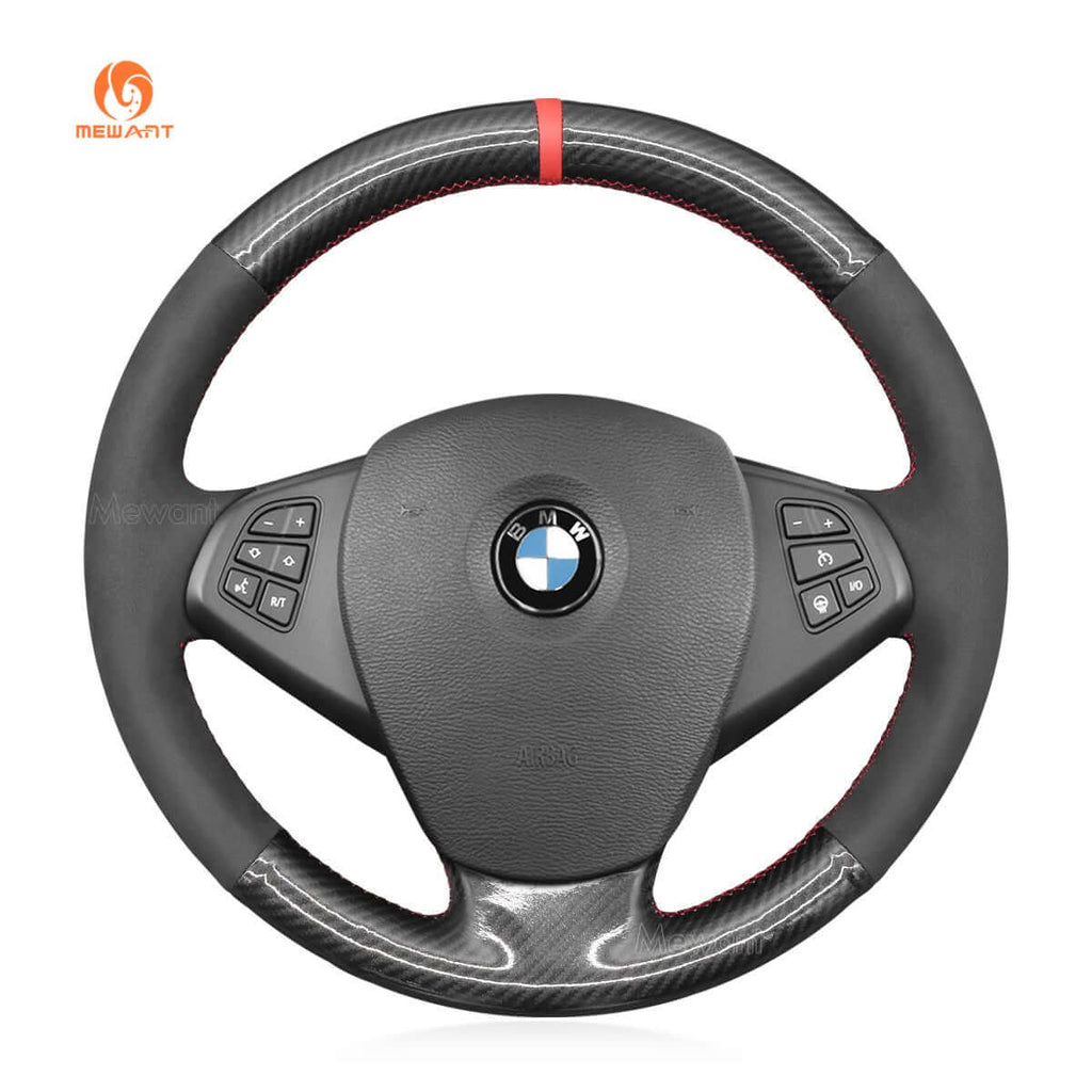 MEWANT Hand Stitch Black Suede Carbon Fiber Car Steering Wheel Cover for BMW X3 E83 2005 - 2010 - Alcantara, Leather, Carbon Fiber, Easy Install, Non - Slip, Best Steering Wheel Cover