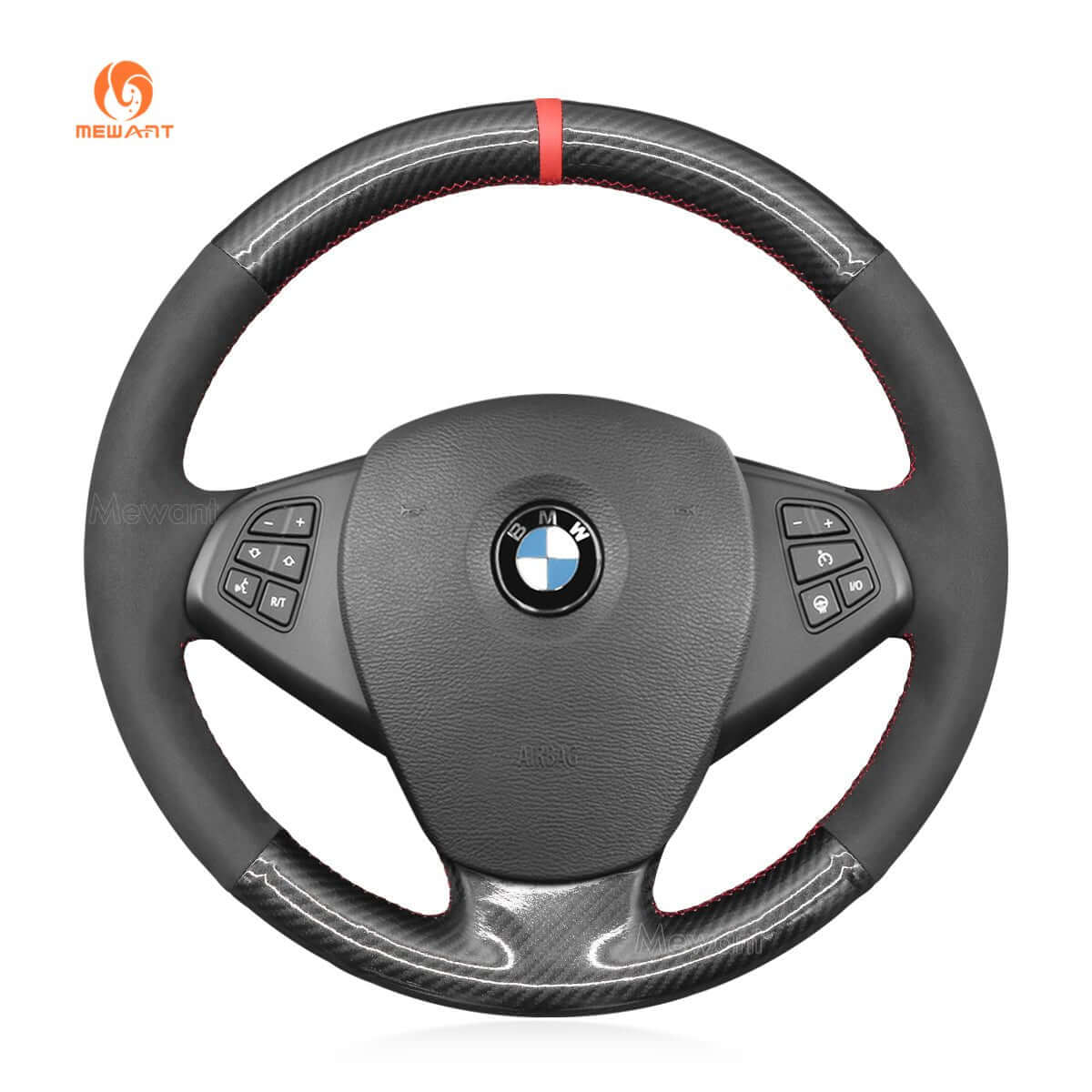 MEWANT Hand Stitch Black Suede Carbon Fiber Car Steering Wheel Cover for BMW X3 E83 2005 - 2010 - Alcantara, Leather, Carbon Fiber, Easy Install, Non - Slip, Best Steering Wheel Cover