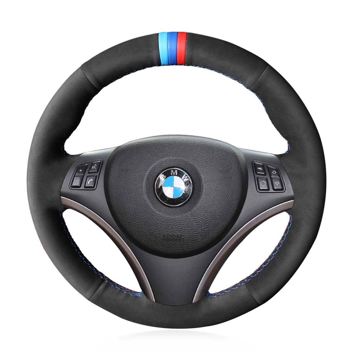 MEWANT Hand Stitch Black Suede Leather Car Steering Wheel Cover for BMW 1 Series E81 E82 E87 E88 2008 - 2012 / 3 Series E90 E91 E92 E93 2006 - 2011 - Alcantara, Leather, Carbon Fiber, Easy Install, Non - Slip, Best Steering Wheel Cover