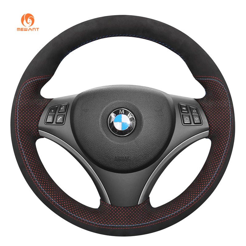 MEWANT Hand Stitch Black Suede Leather Car Steering Wheel Cover for BMW 1 Series E81 E82 E87 E88 2008 - 2012 / 3 Series E90 E91 E92 E93 2006 - 2011 - Alcantara, Leather, Carbon Fiber, Easy Install, Non - Slip, Best Steering Wheel Cover