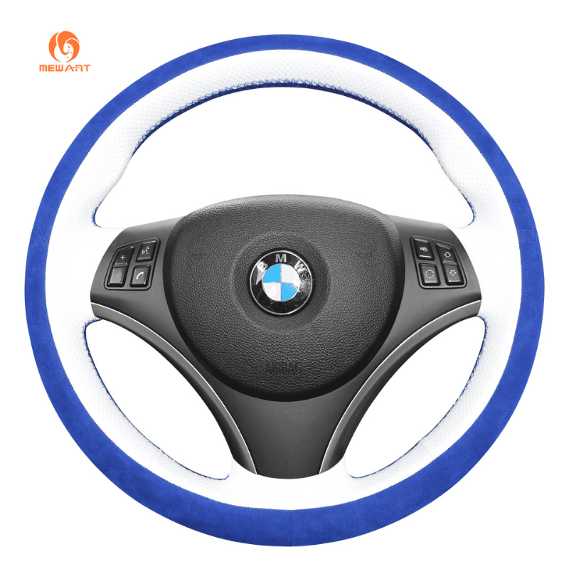 MEWANT Hand Stitch Black Suede Leather Car Steering Wheel Cover for BMW 1 Series E81 E82 E87 E88 2008 - 2012 / 3 Series E90 E91 E92 E93 2006 - 2011 - Alcantara, Leather, Carbon Fiber, Easy Install, Non - Slip, Best Steering Wheel Cover