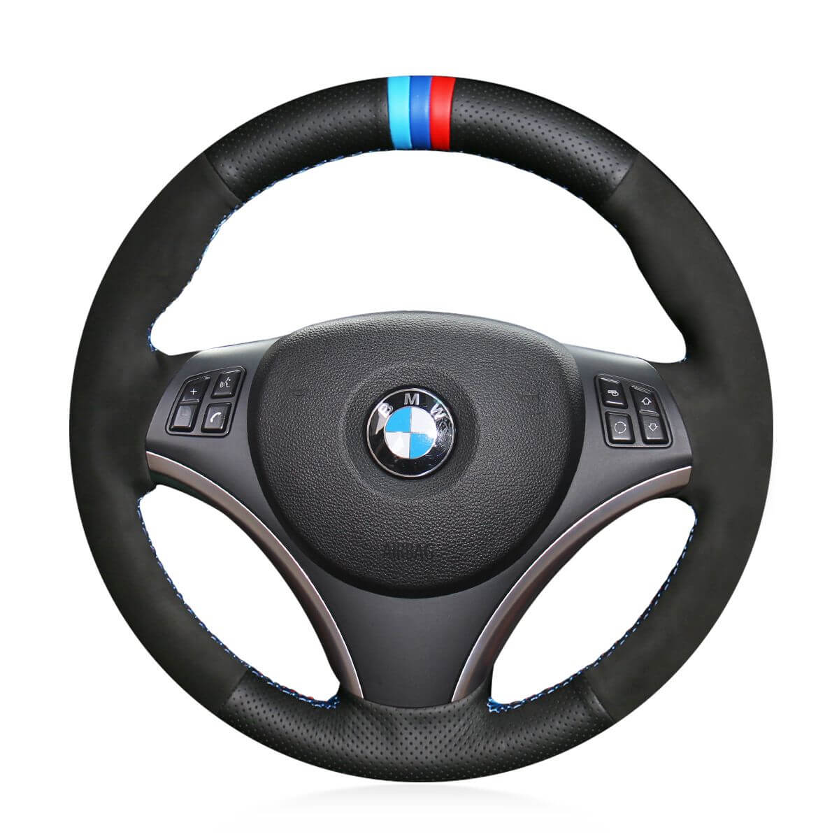 MEWANT Hand Stitch Black Suede Leather Car Steering Wheel Cover for BMW 1 Series E81 E82 E87 E88 2008 - 2012 / 3 Series E90 E91 E92 E93 2006 - 2011 - Alcantara, Leather, Carbon Fiber, Easy Install, Non - Slip, Best Steering Wheel Cover