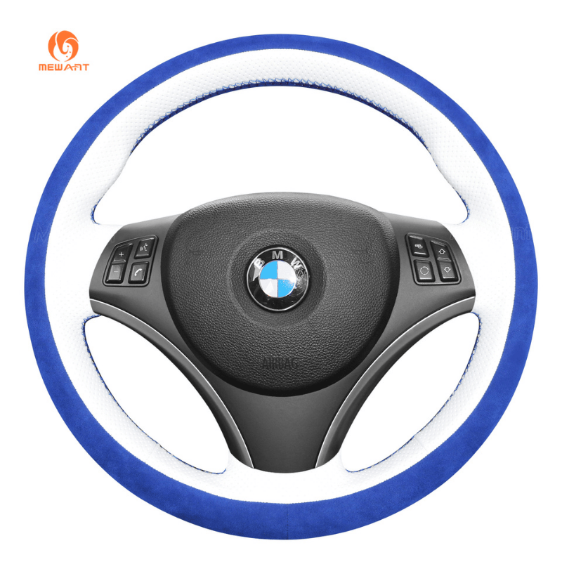 MEWANT Hand Stitch Black Suede Leather Car Steering Wheel Cover for BMW 1 Series E81 E82 E87 E88 2008 - 2012 / 3 Series E90 E91 E92 E93 2006 - 2011 - Alcantara, Leather, Carbon Fiber, Easy Install, Non - Slip, Best Steering Wheel Cover