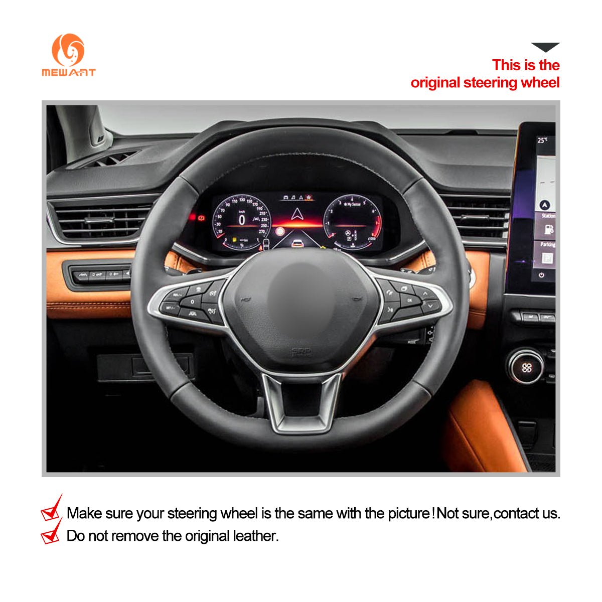 MEWANT Hand Stitch Black Suede Leather Car Steering Wheel Cover for Renault Clio 5 (V) 2019 - 2020 / Captur 2 2020 / Zoe 2020 - Alcantara, Leather, Carbon Fiber, Easy Install, Non - Slip, Best Steering Wheel Cover