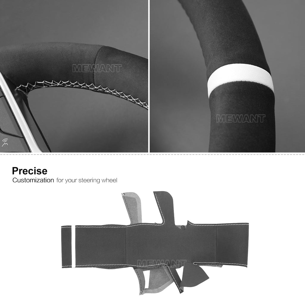 MEWANT Hand Stitch Black Suede Leather Car Steering Wheel Cover for Renault Clio 5 (V) 2019 - 2020 / Captur 2 2020 / Zoe 2020 - Alcantara, Leather, Carbon Fiber, Easy Install, Non - Slip, Best Steering Wheel Cover