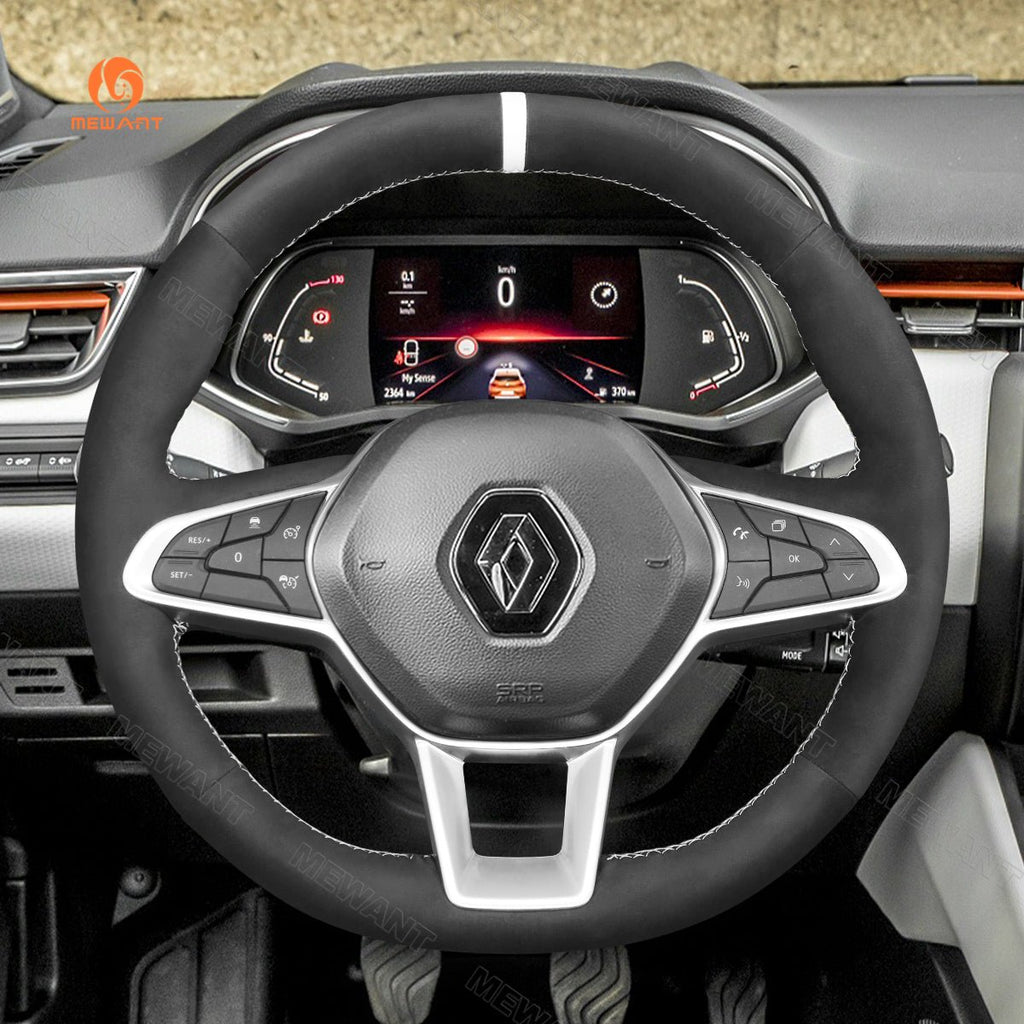 MEWANT Hand Stitch Black Suede Leather Car Steering Wheel Cover for Renault Clio 5 (V) 2019 - 2020 / Captur 2 2020 / Zoe 2020 - Alcantara, Leather, Carbon Fiber, Easy Install, Non - Slip, Best Steering Wheel Cover