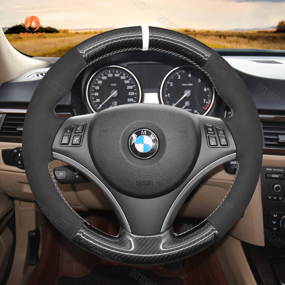 MEWANT Hand Stitch Black Suede Leather Carbon Fiber Car Steering Wheel Cover for BMW 1 Series E81 E82 E87 E88 2008 - 2012 / 3 Series E90 E91 E92 E93 2006 - 2011 - Mewant Cover