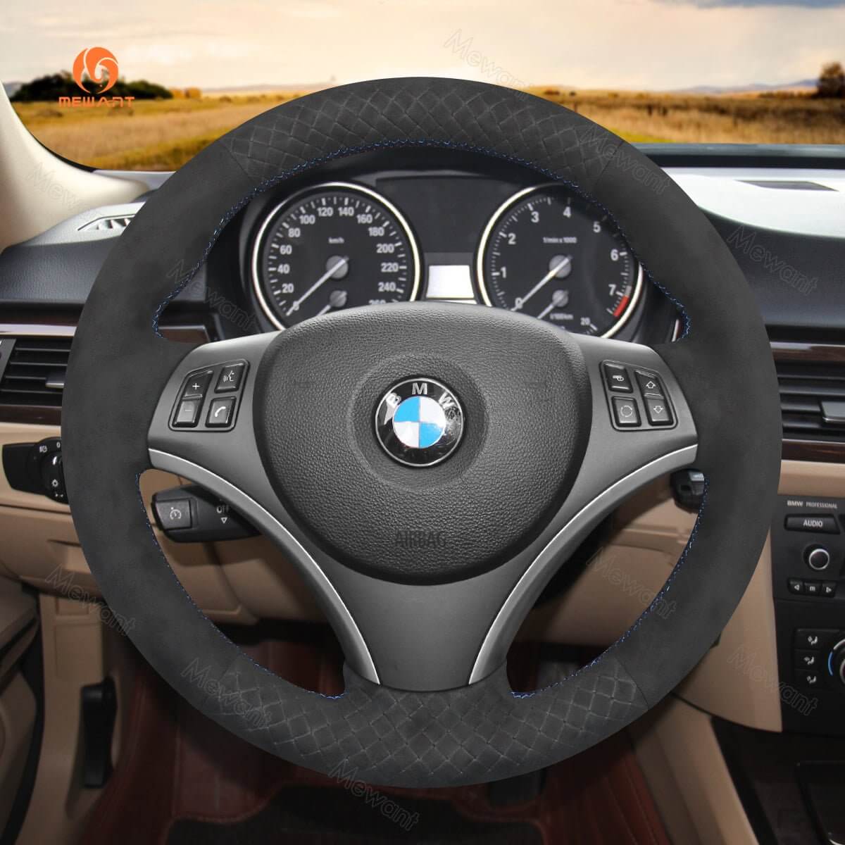 MEWANT Hand Stitch Black Suede Leather Carbon Fiber Car Steering Wheel Cover for BMW 1 Series E81 E82 E87 E88 2008 - 2012 / 3 Series E90 E91 E92 E93 2006 - 2011 - Alcantara, Leather, Carbon Fiber, Easy Install, Non - Slip, Best Steering Wheel Cover