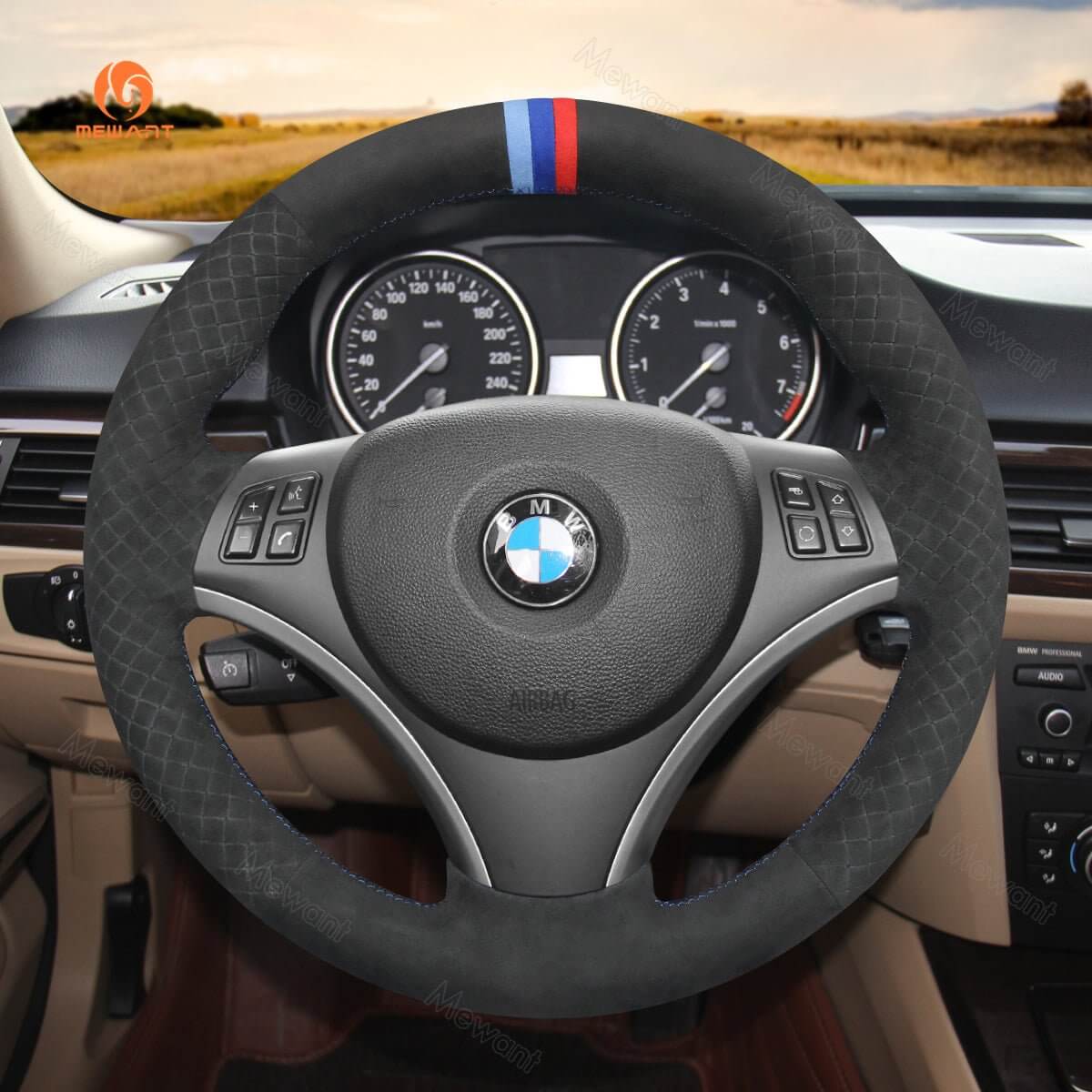 MEWANT Hand Stitch Black Suede Leather Carbon Fiber Car Steering Wheel Cover for BMW 1 Series E81 E82 E87 E88 2008 - 2012 / 3 Series E90 E91 E92 E93 2006 - 2011 - Alcantara, Leather, Carbon Fiber, Easy Install, Non - Slip, Best Steering Wheel Cover