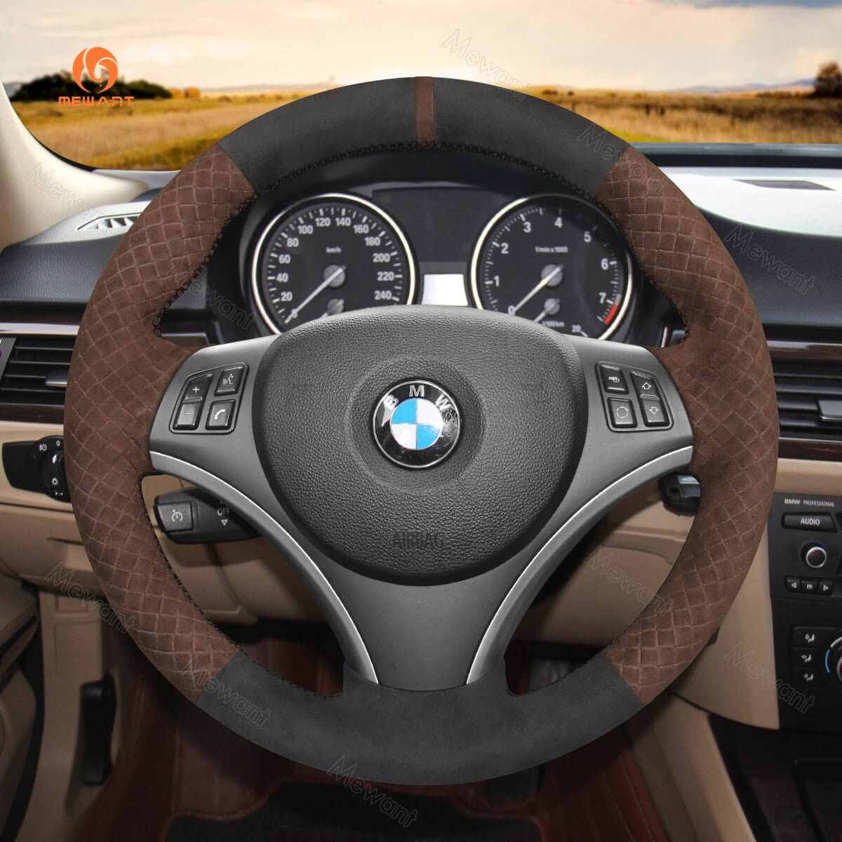 MEWANT Hand Stitch Black Suede Leather Carbon Fiber Car Steering Wheel Cover for BMW 1 Series E81 E82 E87 E88 2008 - 2012 / 3 Series E90 E91 E92 E93 2006 - 2011 - Alcantara, Leather, Carbon Fiber, Easy Install, Non - Slip, Best Steering Wheel Cover