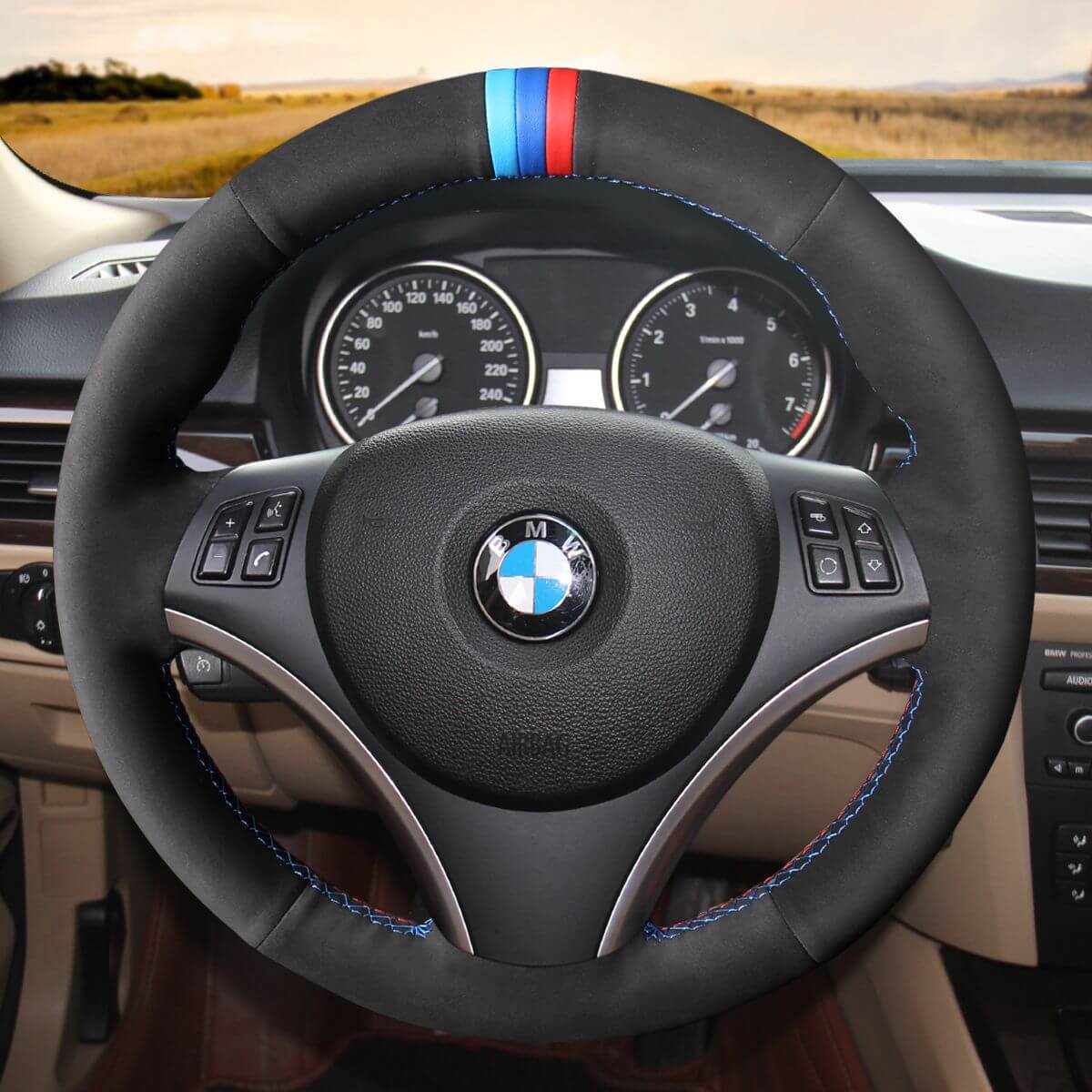 MEWANT Hand Stitch Black Suede Leather Carbon Fiber Car Steering Wheel Cover for BMW 1 Series E81 E82 E87 E88 2008 - 2012 / 3 Series E90 E91 E92 E93 2006 - 2011 - Alcantara, Leather, Carbon Fiber, Easy Install, Non - Slip, Best Steering Wheel Cover