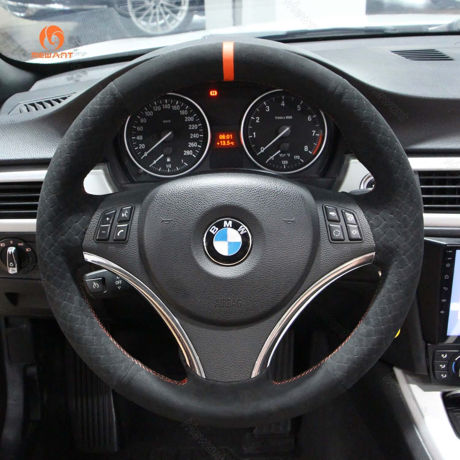 MEWANT Hand Stitch Black Suede Leather Carbon Fiber Car Steering Wheel Cover for BMW 1 Series E81 E82 E87 E88 2008 - 2012 / 3 Series E90 E91 E92 E93 2006 - 2011 - Alcantara, Leather, Carbon Fiber, Easy Install, Non - Slip, Best Steering Wheel Cover