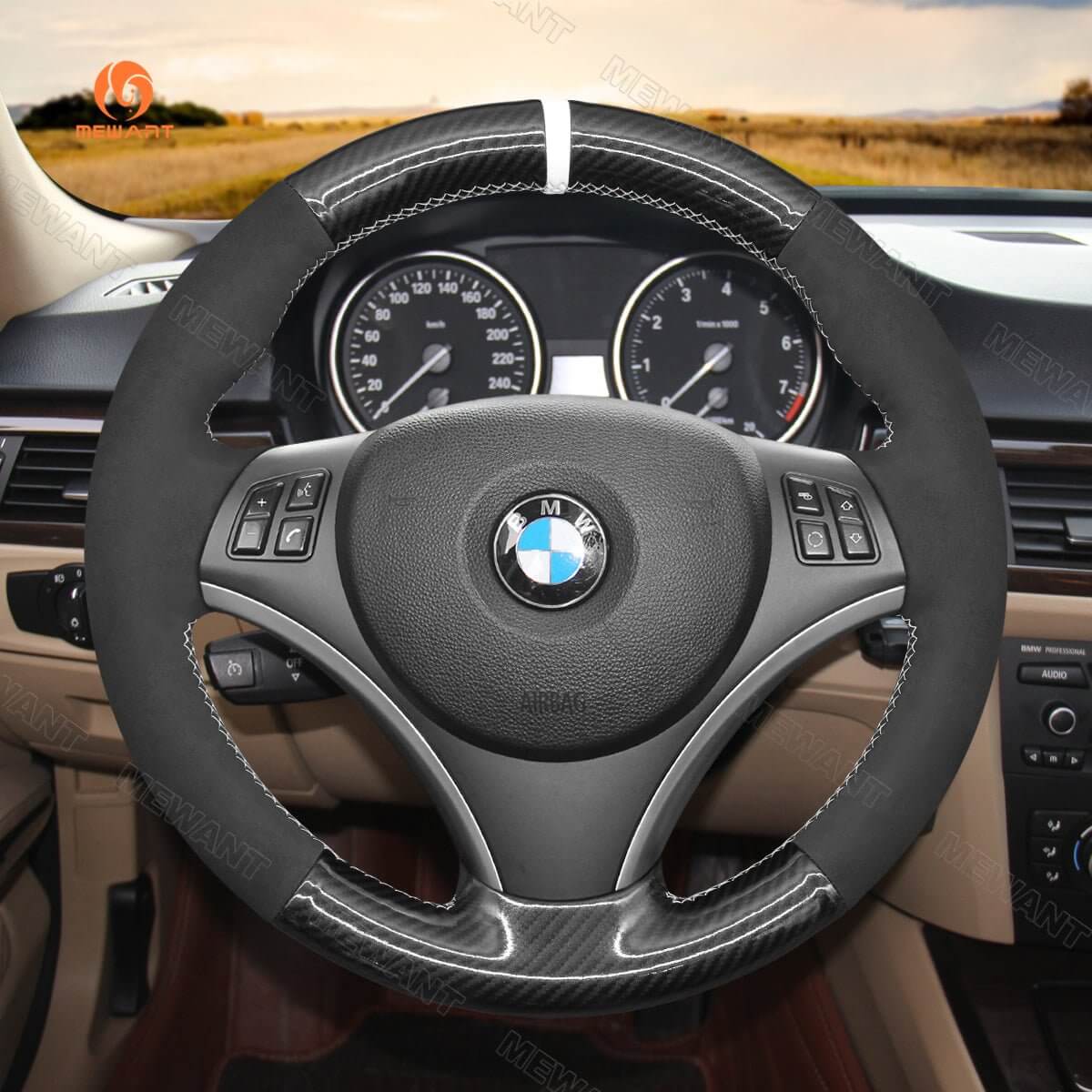 MEWANT Hand Stitch Black Suede Leather Carbon Fiber Car Steering Wheel Cover for BMW 1 Series E81 E82 E87 E88 2008 - 2012 / 3 Series E90 E91 E92 E93 2006 - 2011 - Alcantara, Leather, Carbon Fiber, Easy Install, Non - Slip, Best Steering Wheel Cover