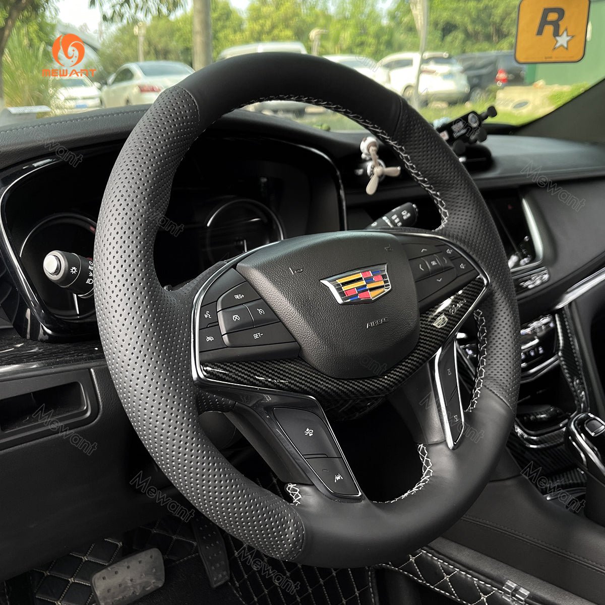 MEWANT Hand Stitch Car Steering Wheel Cover for Cadillac CT6 2016 - 2018 / XT5 2016 - 2018 - Alcantara, Leather, Carbon Fiber, Easy Install, Non - Slip, Best Steering Wheel Cover